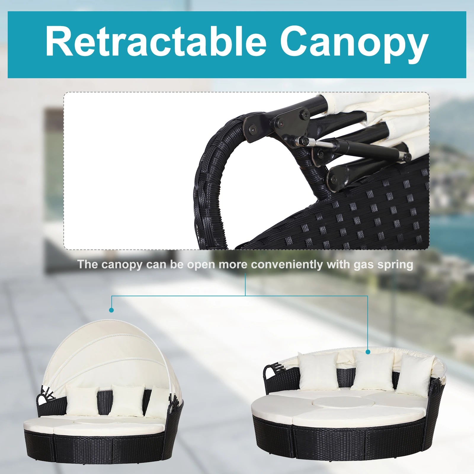Retractable canopy with gas spring mechanism and outdoor furniture setup.