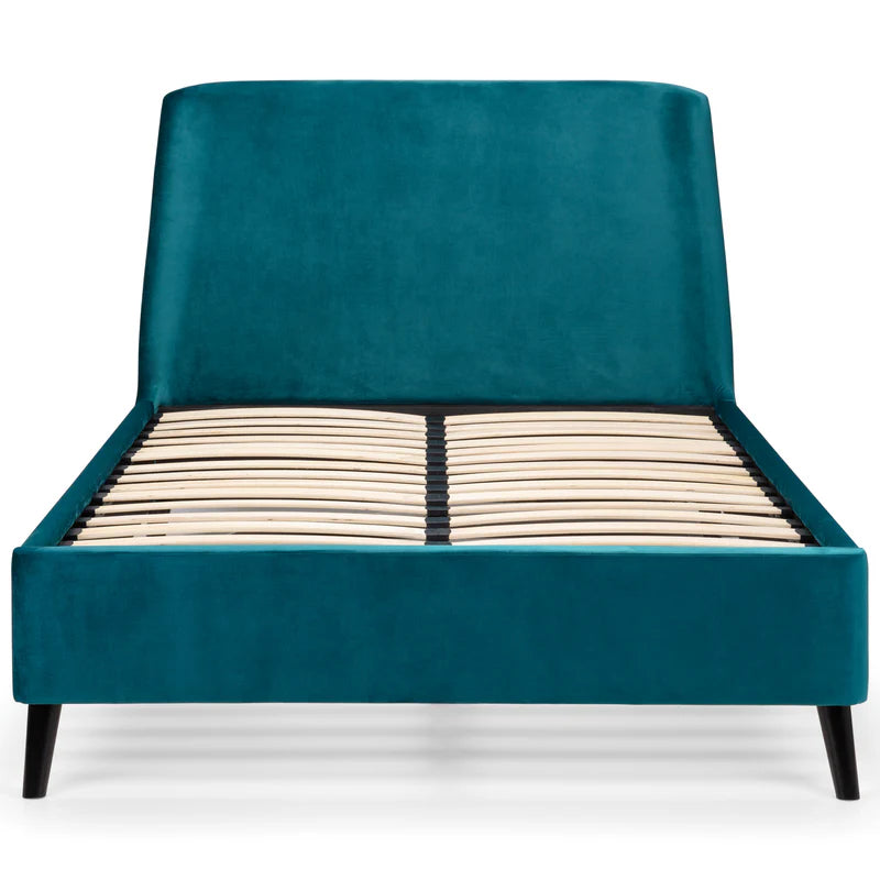 Teal bed frame with wooden slats on a white background