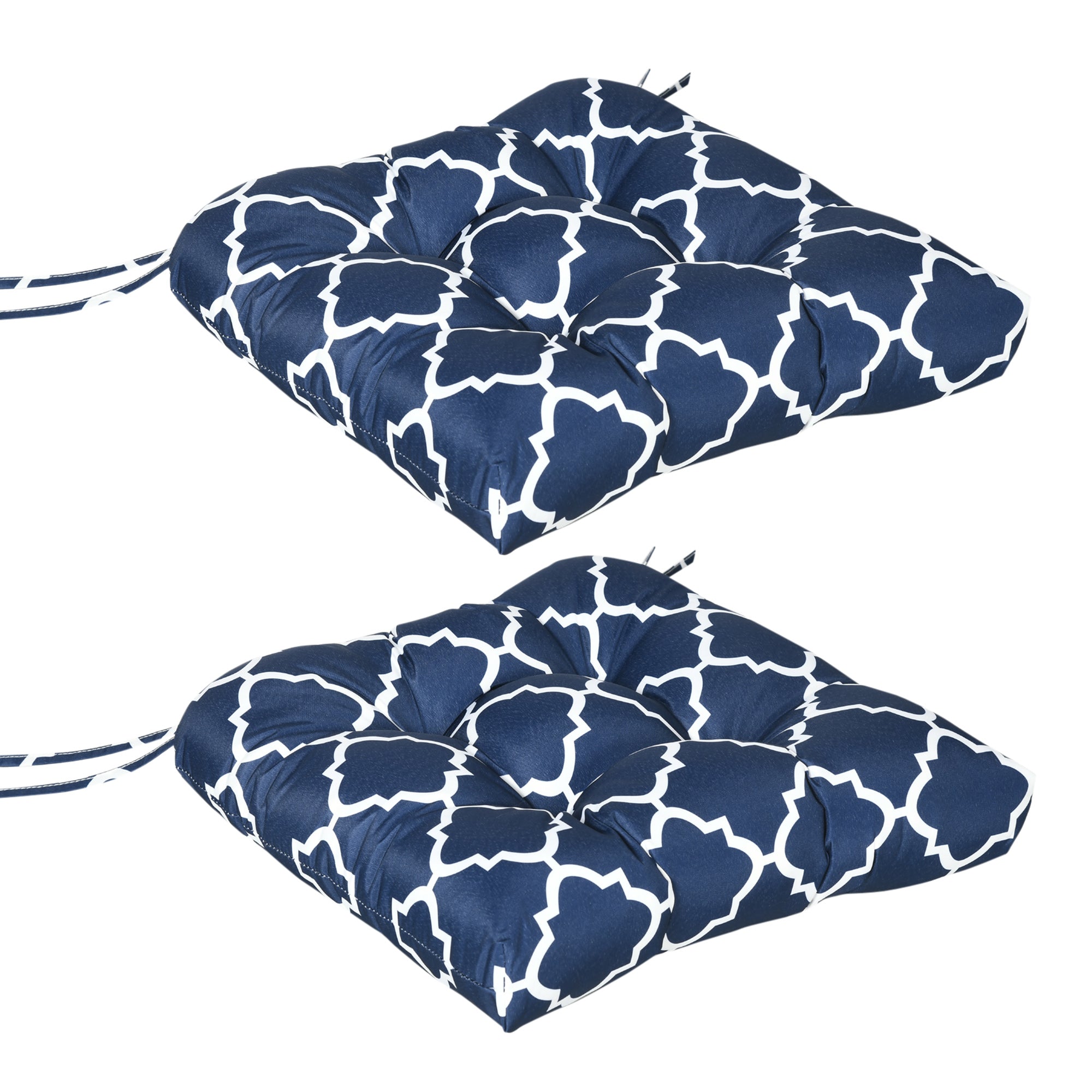 Two blue and white patterned chair cushions on a white background