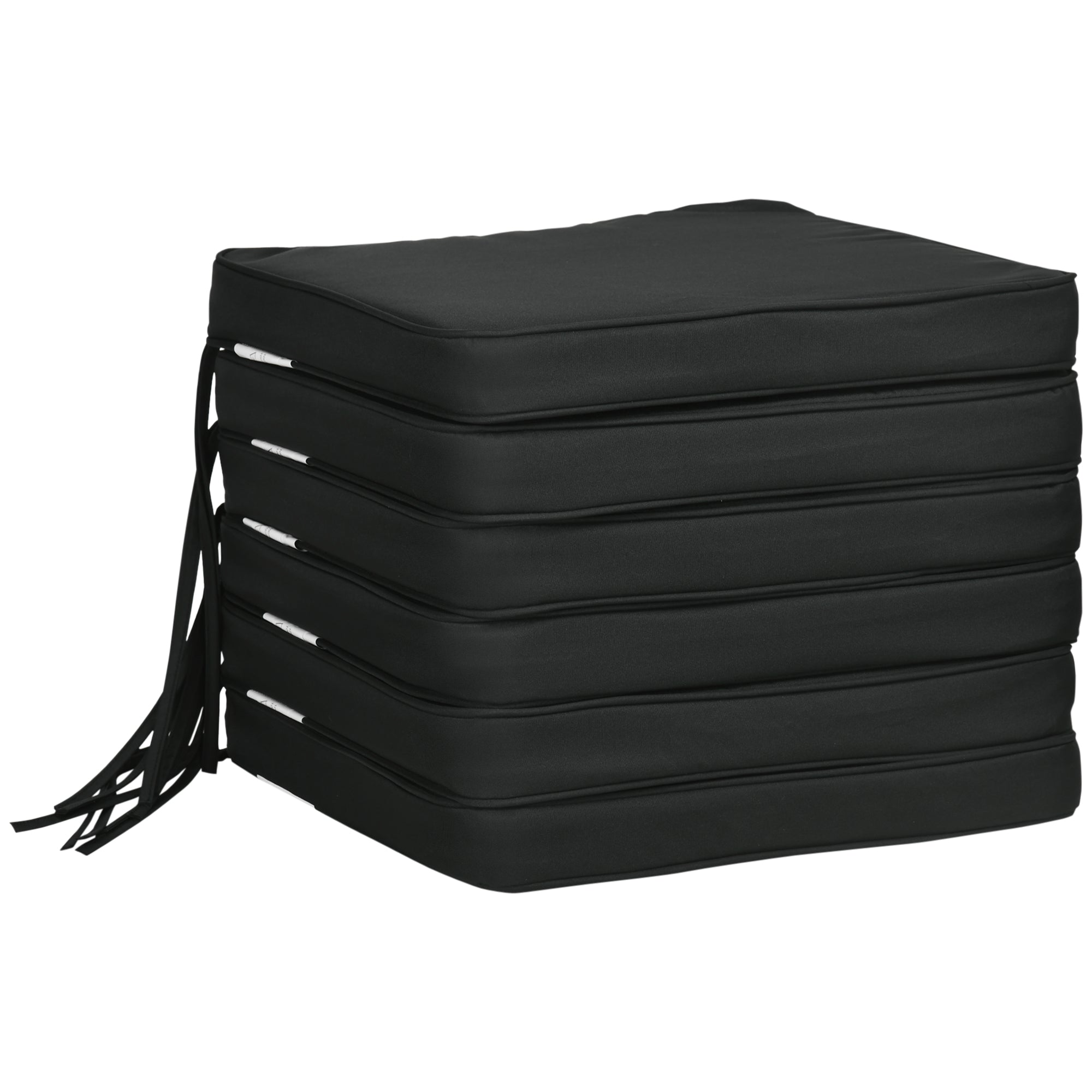 Stack of black cushions with straps on a white background