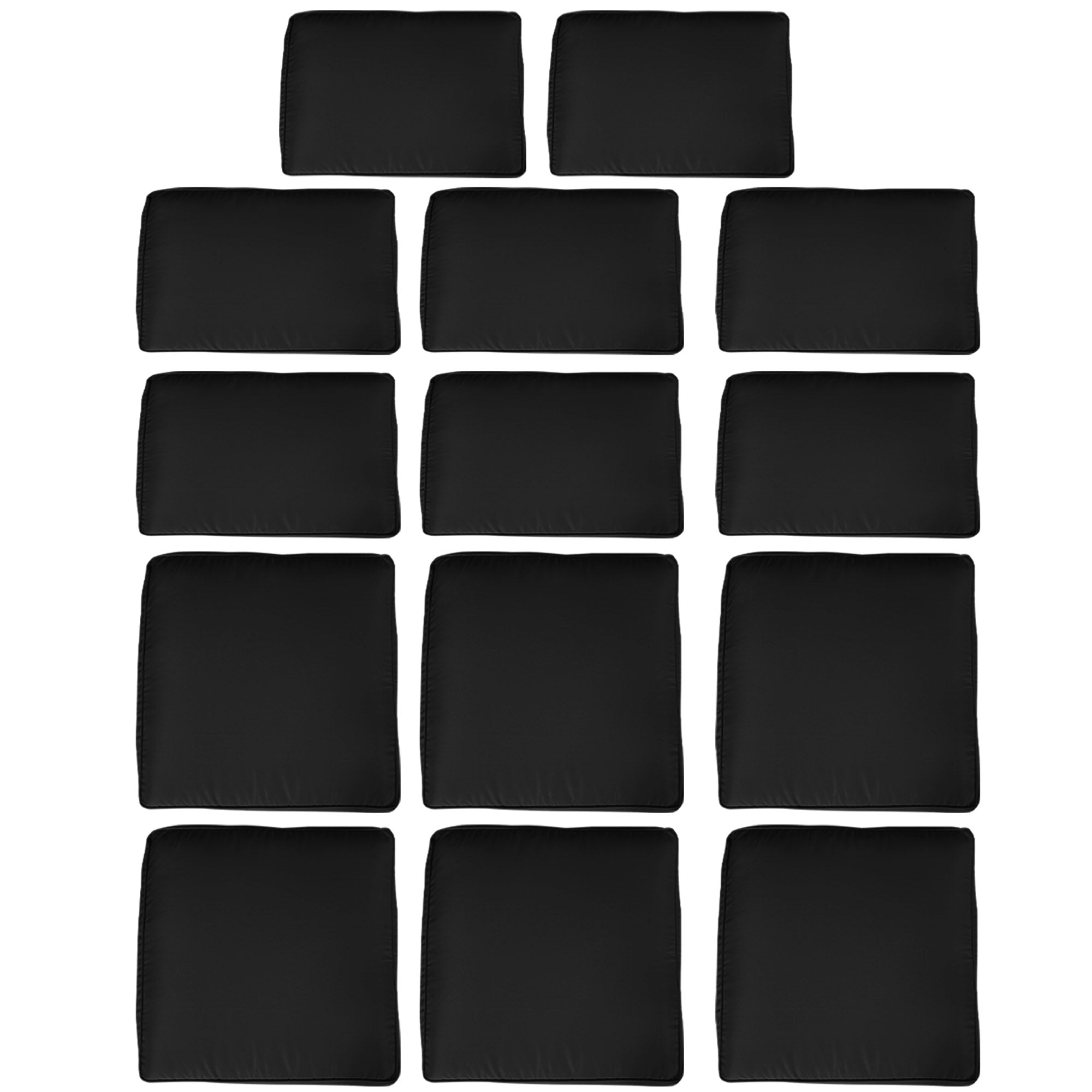 Grid of black square cushion covers on a white background