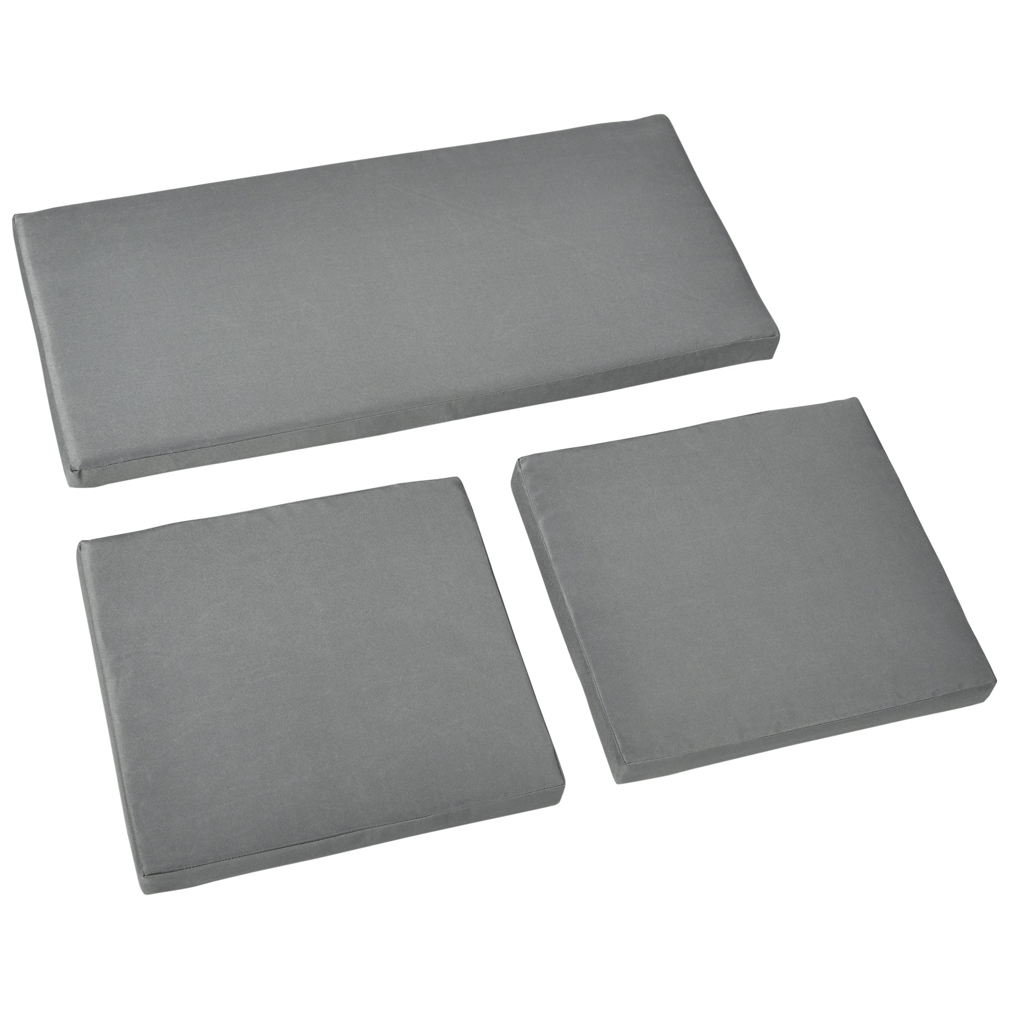 Three gray rectangular cushions on a white background