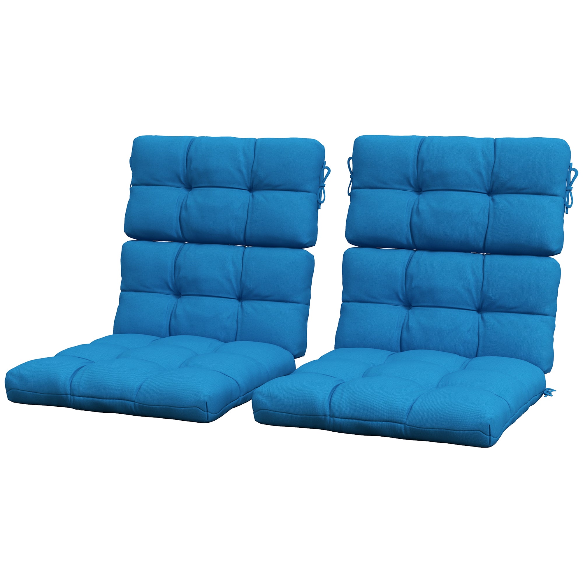 Two blue outdoor cushions on a white background