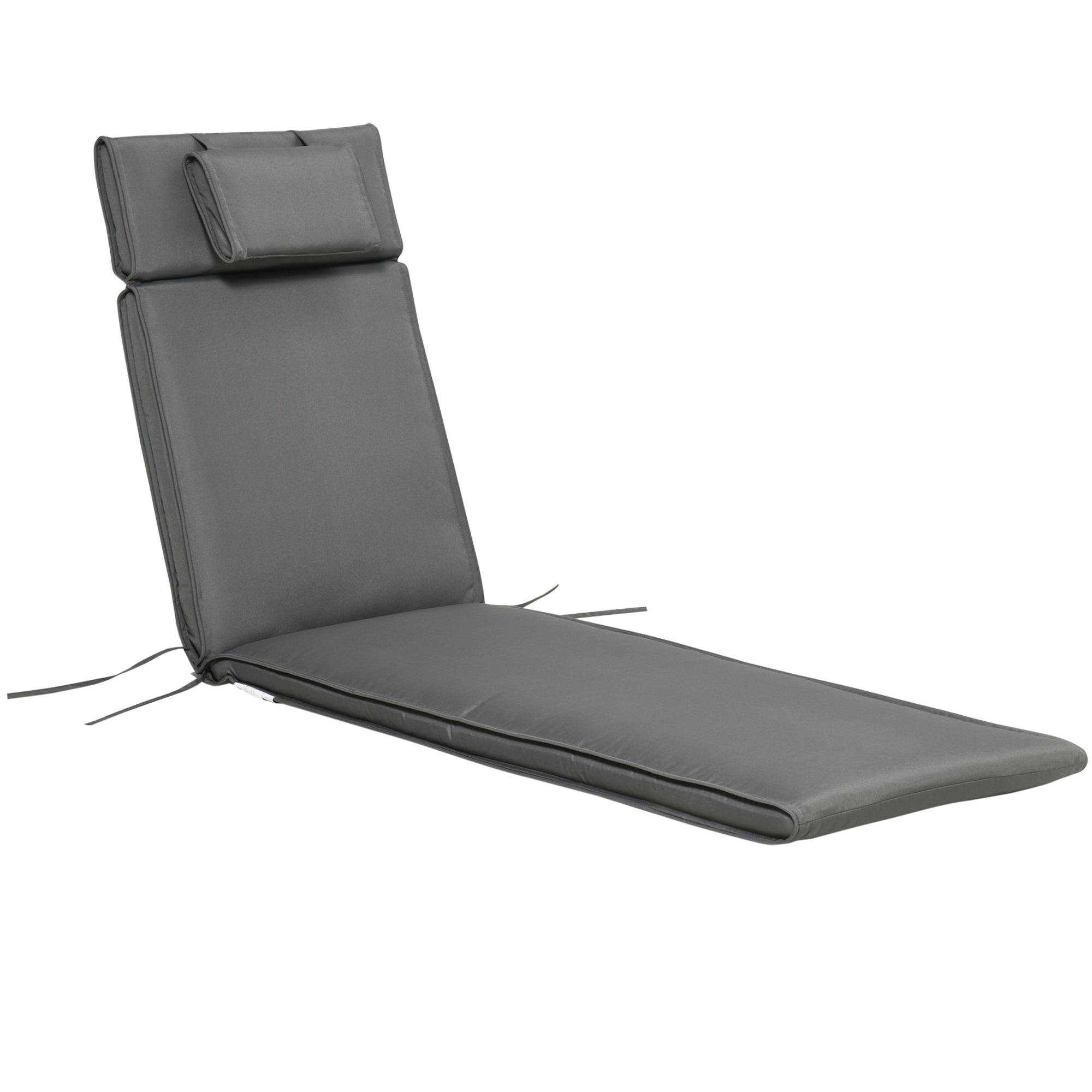 Gray outdoor lounge cushion with headrest on a white background