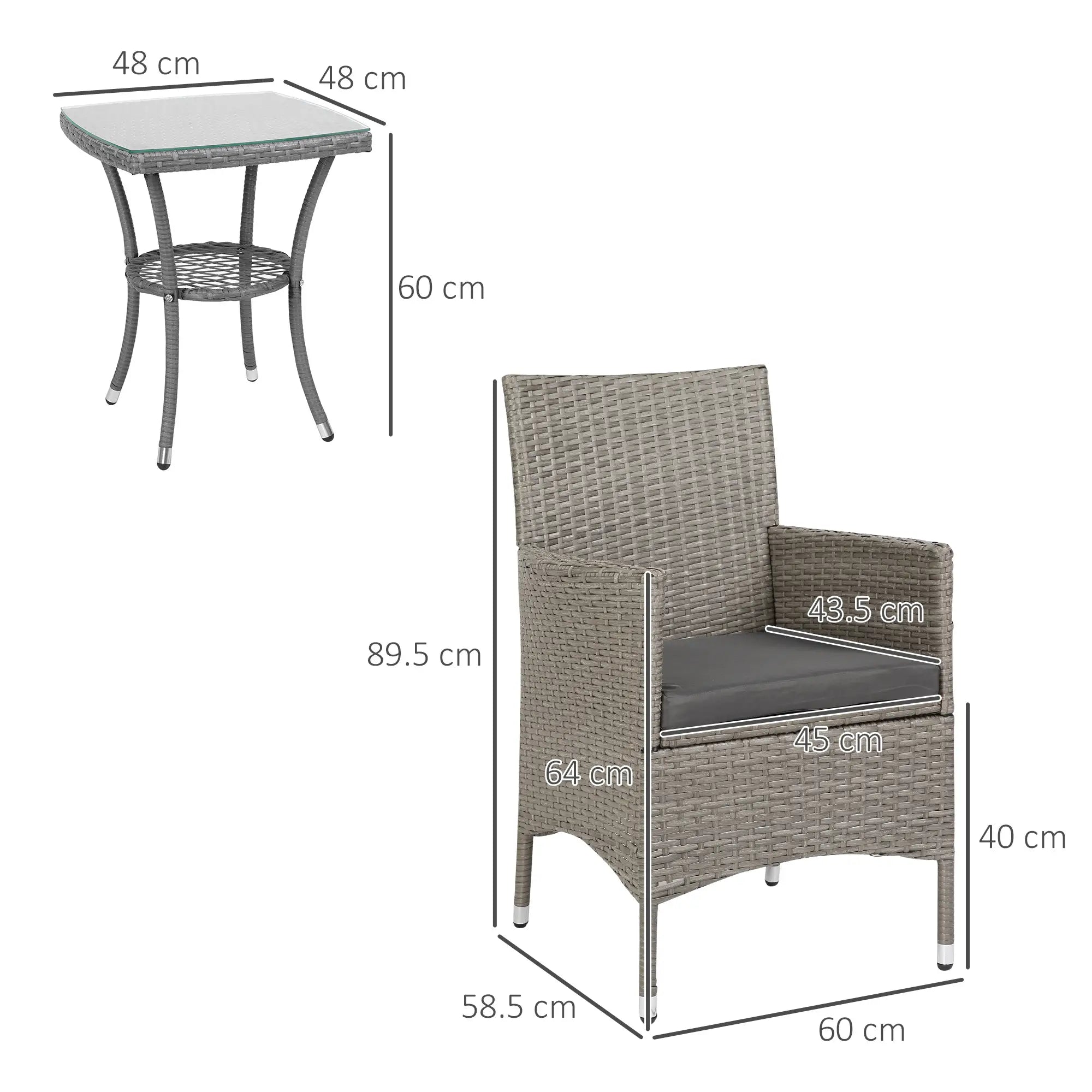 Dimensions of a chair and table on a white background