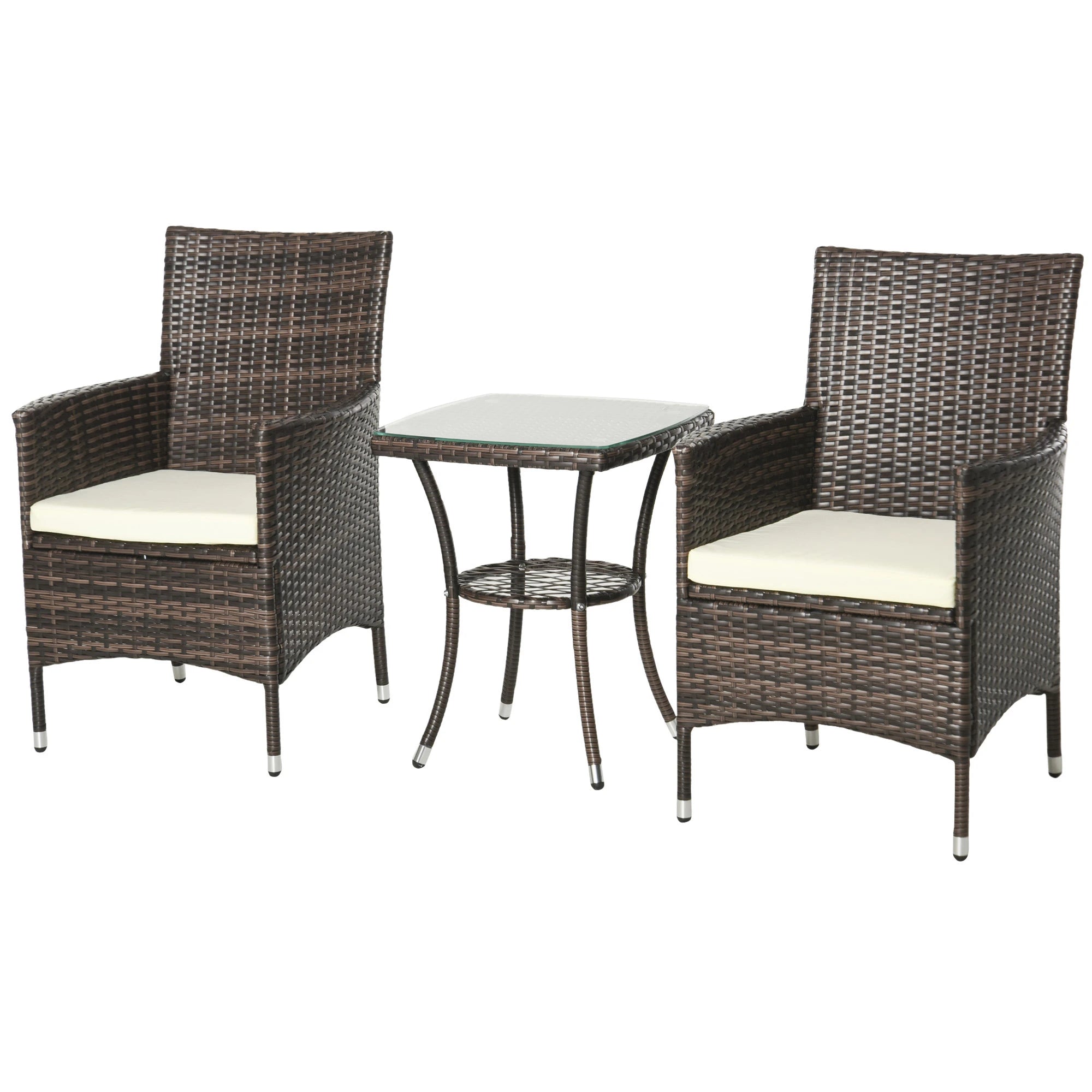 Wicker outdoor furniture set with two chairs and a table on a white background