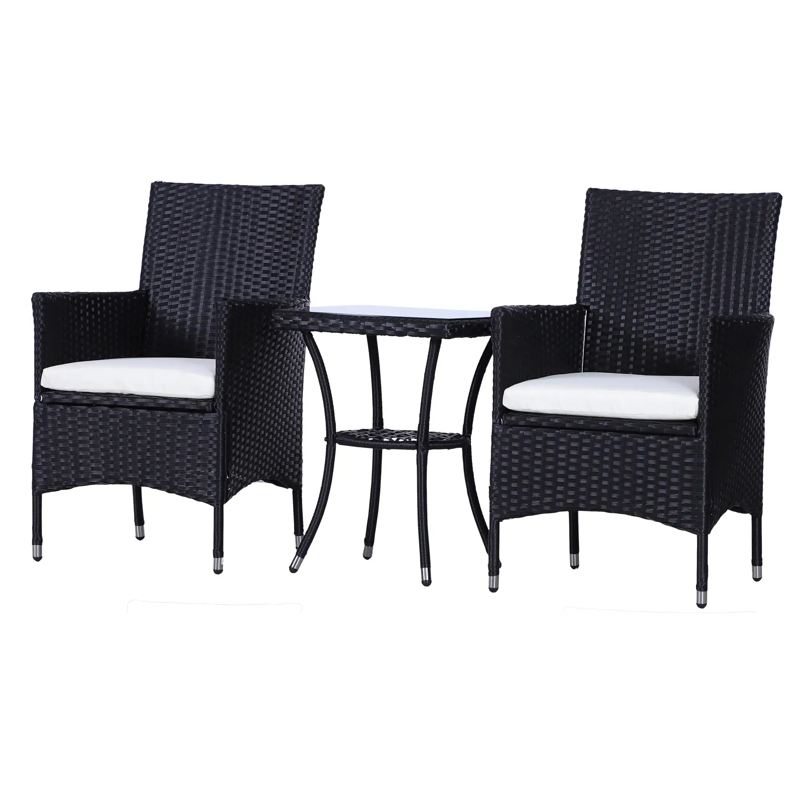Black wicker outdoor furniture set with white cushions on a white background