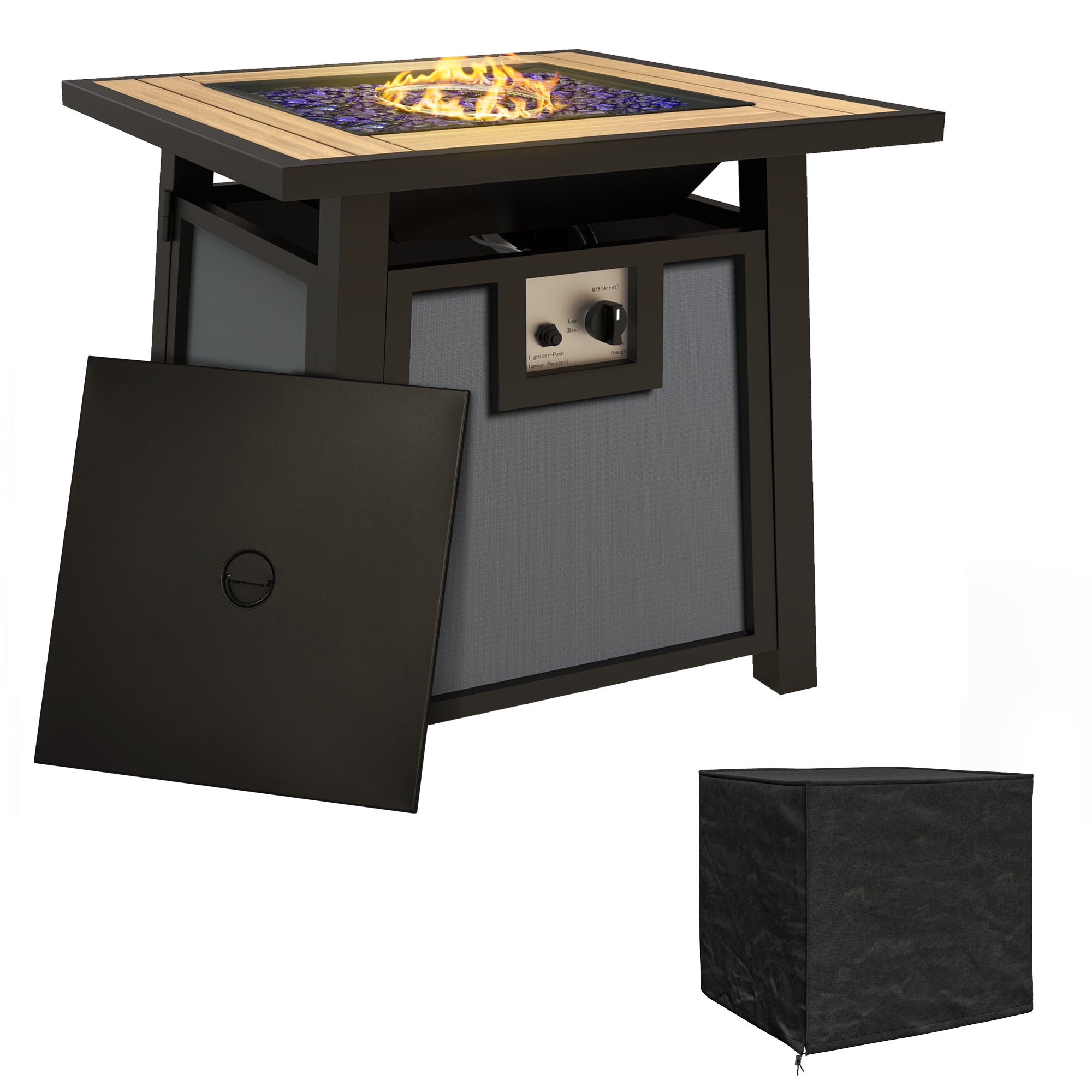 Outdoor fire pit table with black cover on a white background