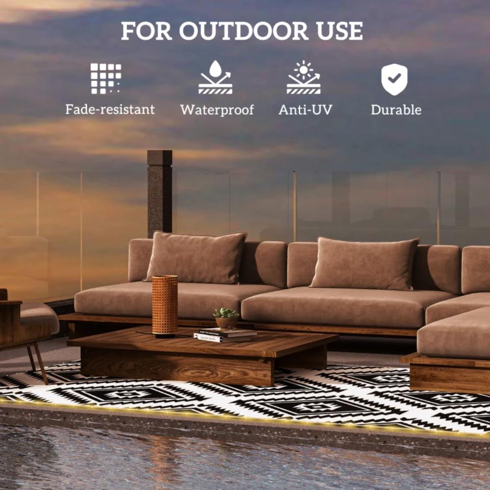 Brown outdoor sofa set with coffee table on a patio, featuring icons for fade-resistant, waterproof, anti-UV, and durable properties.