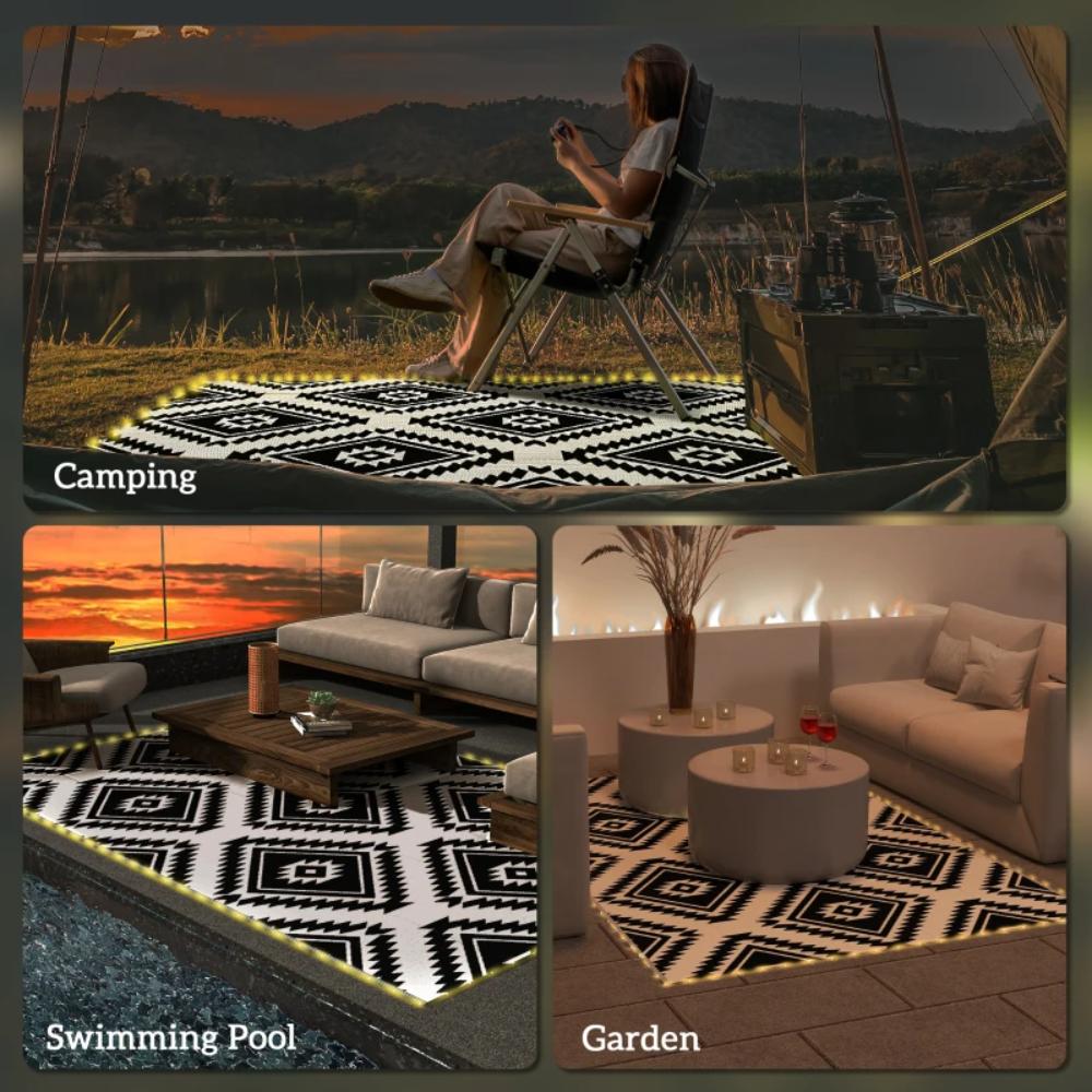 Collage of a person camping, a living room with a rug, and a poolside area with a rug.