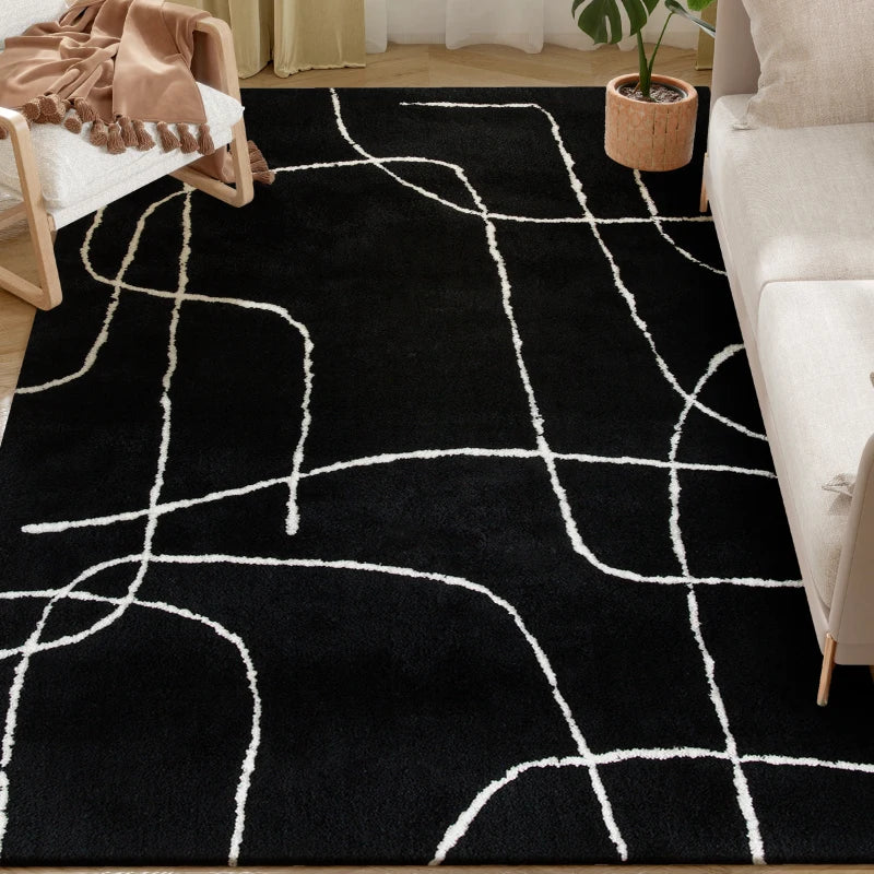 Black rug with white lines in a living room setting