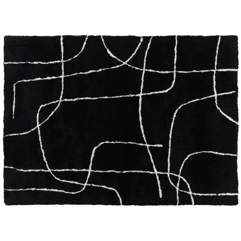 Black rug with white abstract line patterns on a white background