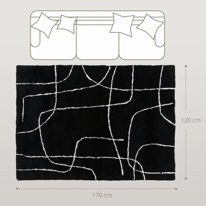 Black rug with white abstract patterns and measurements on a light gray background