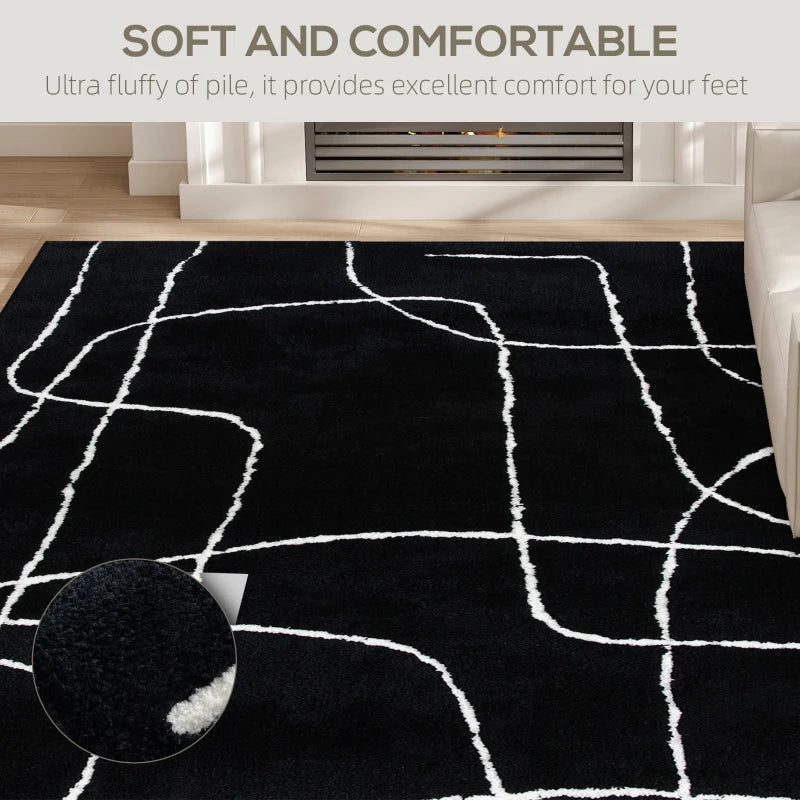 Black rug with white abstract patterns in a room setting, featuring text about comfort.