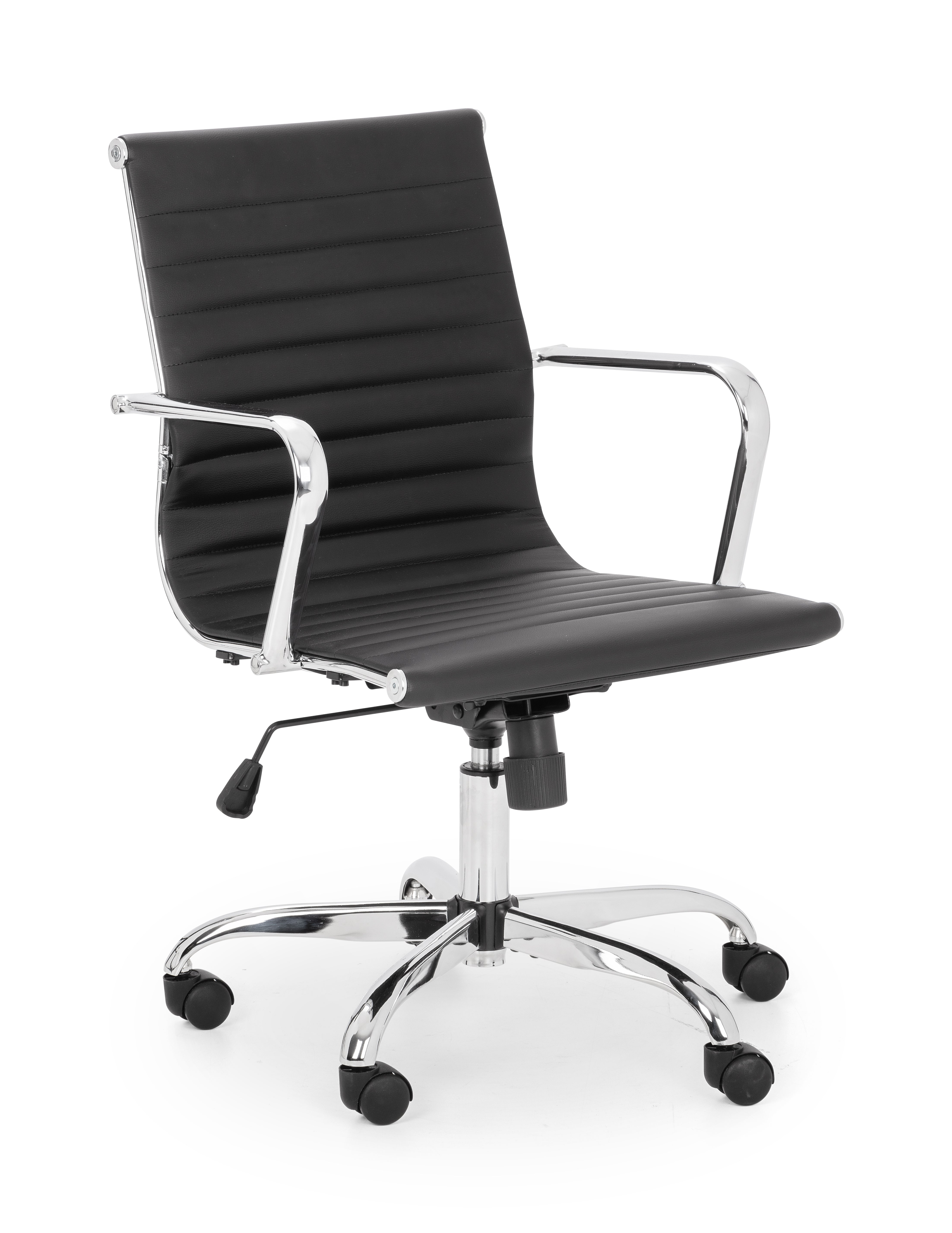 Black office chair with chrome base and armrests on a white background