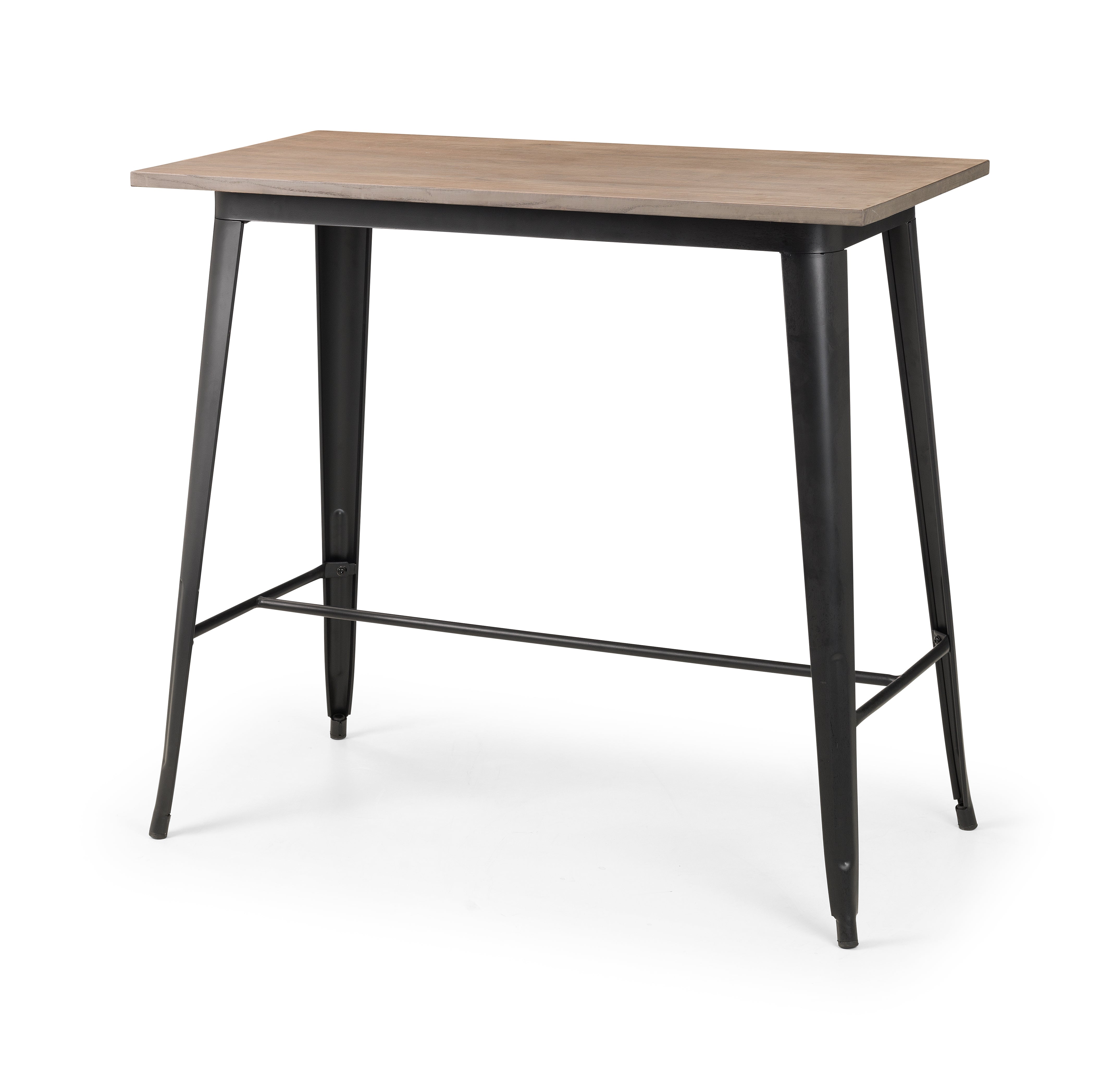 Square table with wooden top and black metal legs on a white background