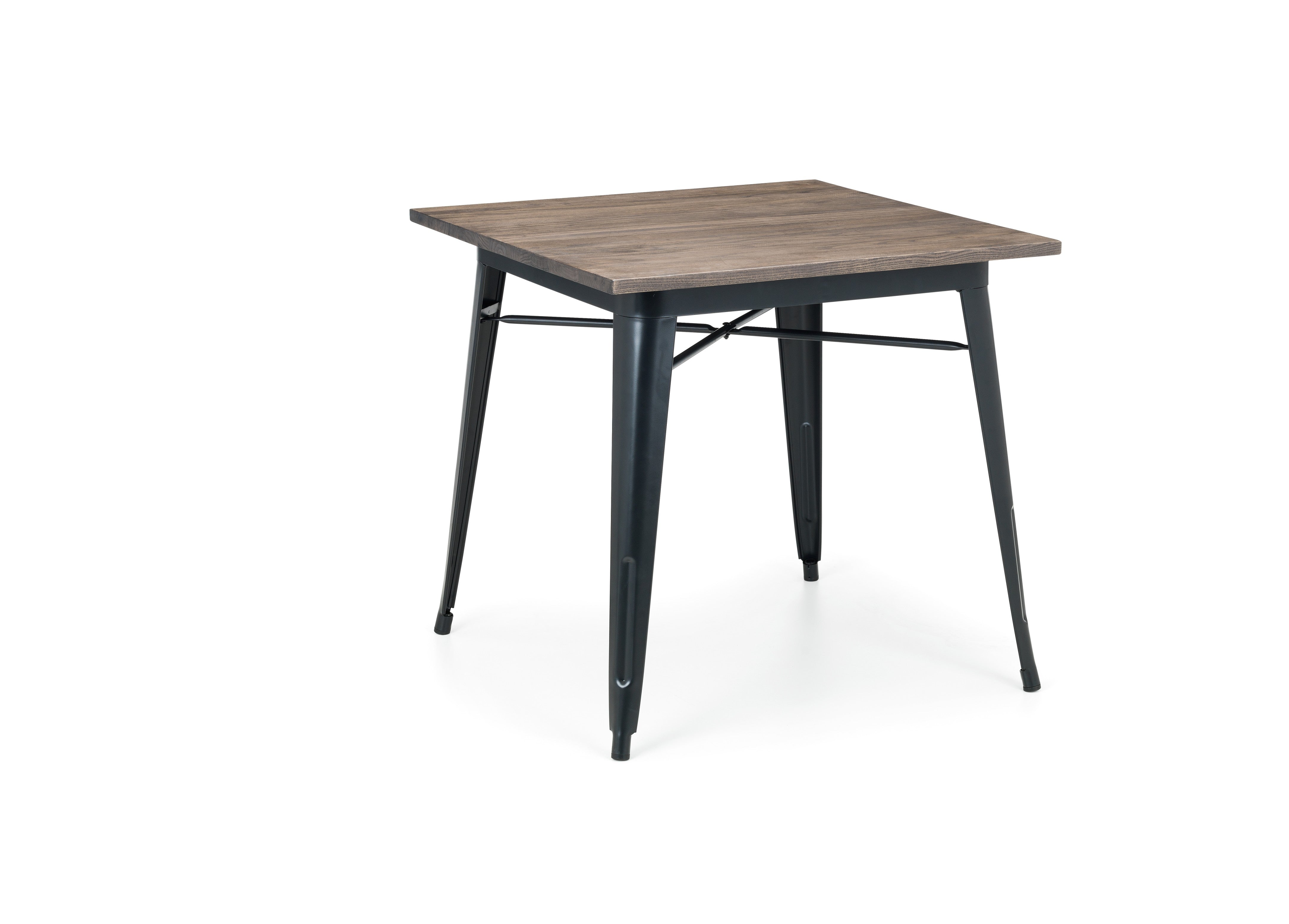 Square table with wooden top and metal legs on a white background