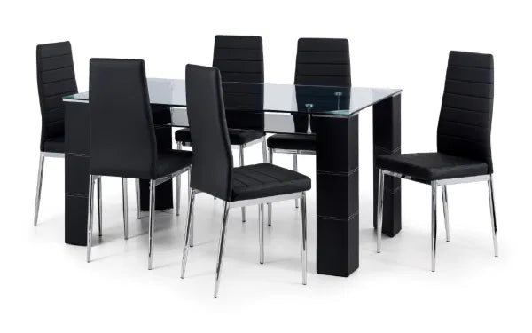 Black dining table with six matching chairs on a white background