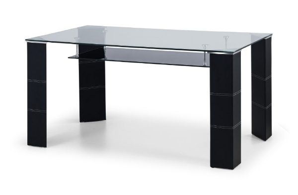 Glass top table with black legs on a white background