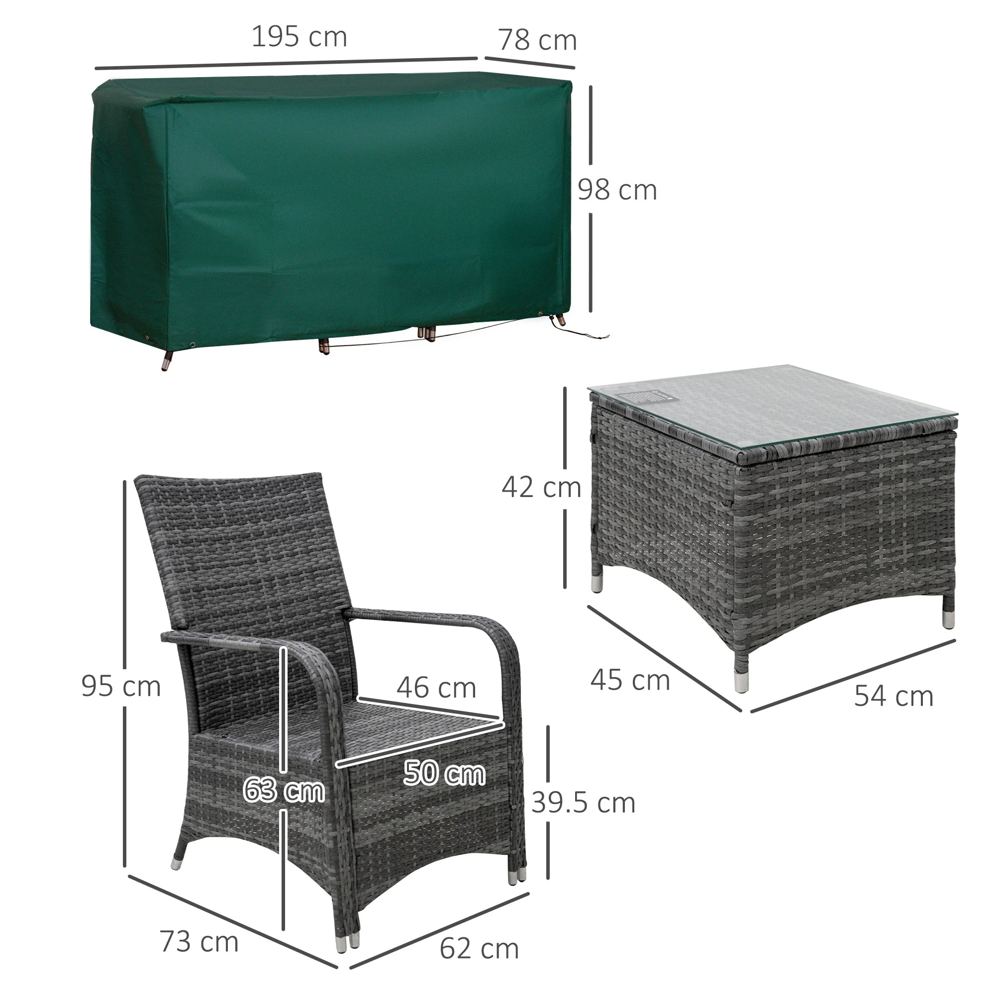 Dimensions of a green outdoor furniture cover, chair, and table on a white background