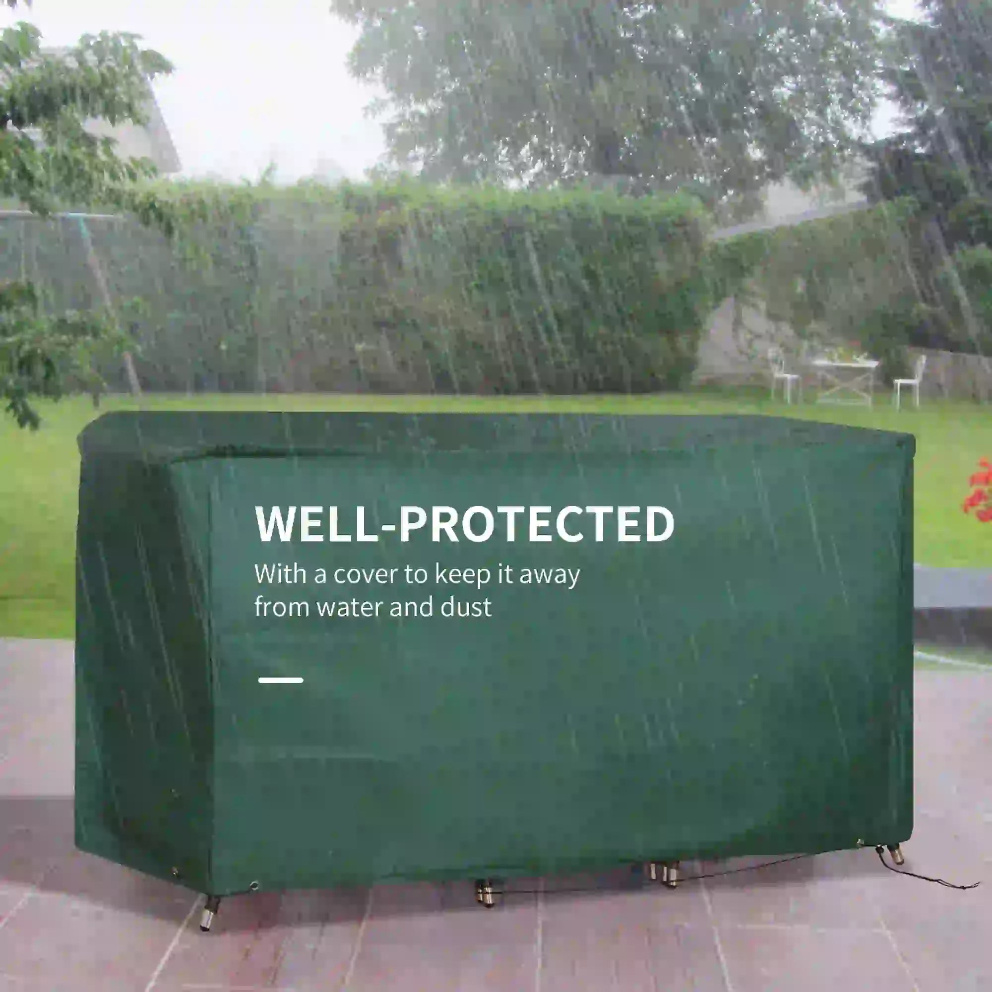 Green cover protecting an outdoor furniture set from rain, with text 'WELL-PROTECTED' and 'With a cover to keep it away from water and dust'.