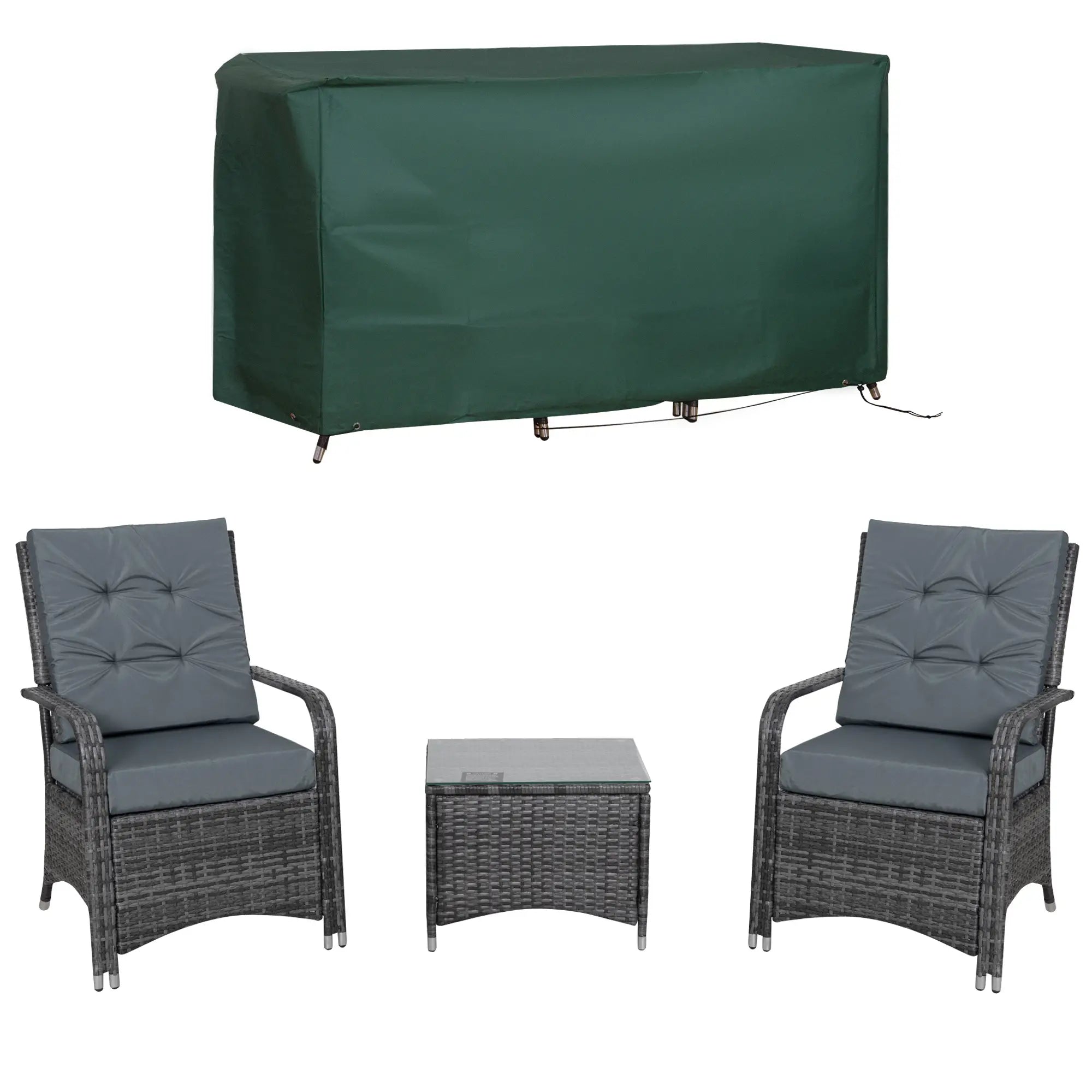 Outdoor furniture set with two chairs and a table, covered by a green rectangular furniture cover.