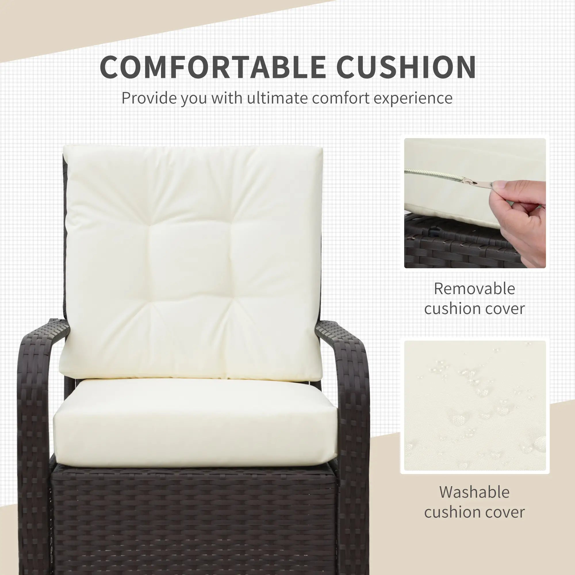 Chair with white cushion and text highlighting comfort and features