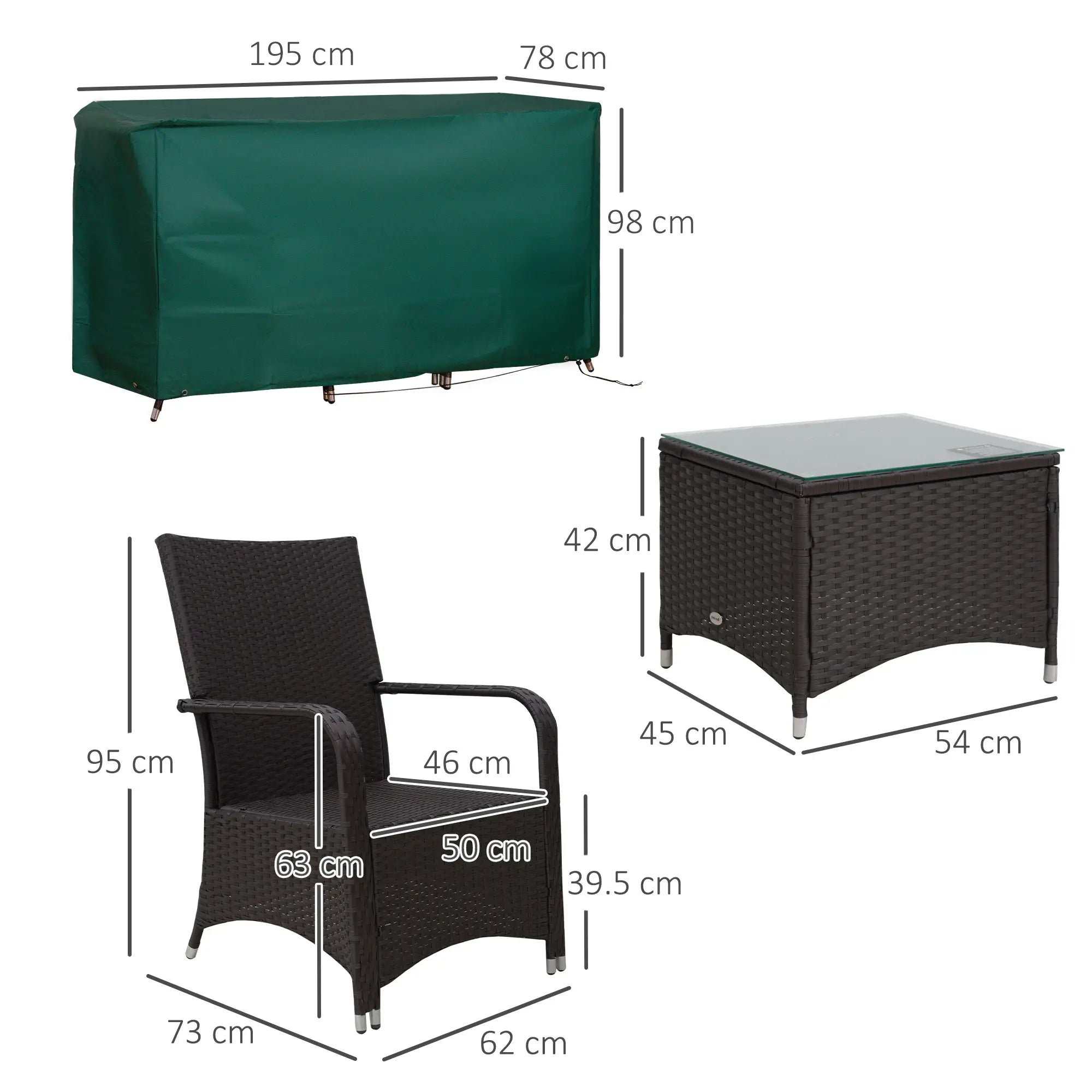 Dimensions of a chair, table, and cover on a white background