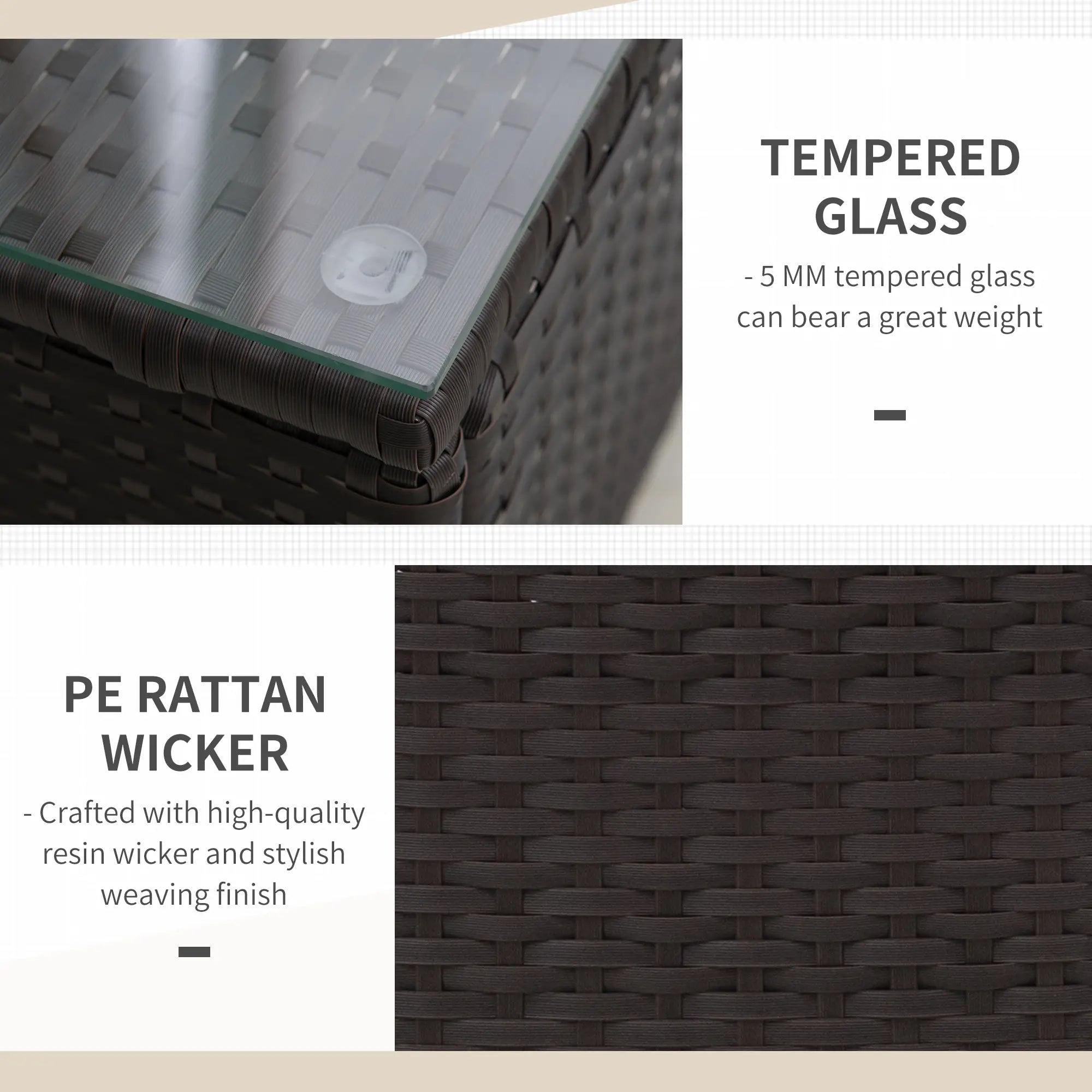 Product with tempered glass top and PE rattan wicker design, featuring text on material quality.