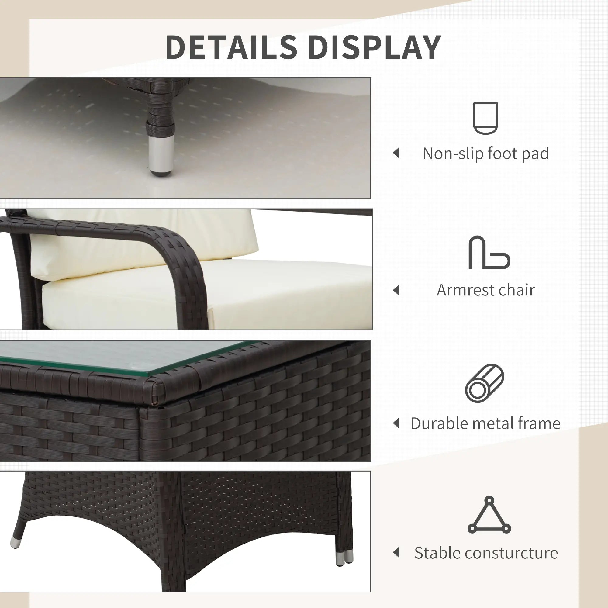 Product details display with images and text labels for non-slip foot pad, armrest chair, durable metal frame, and stable construction.