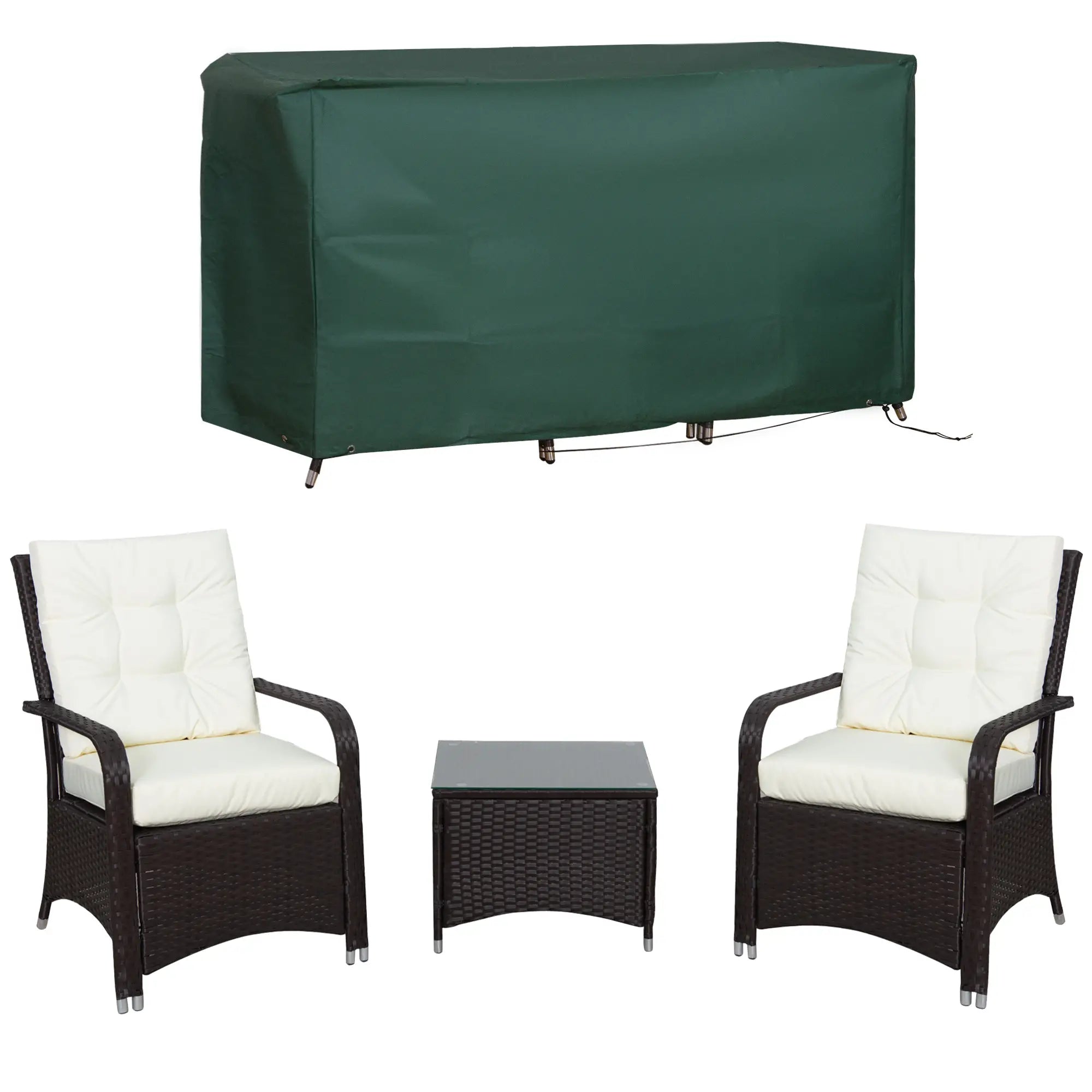 Outdoor furniture set with two chairs and a table, accompanied by a green cover.