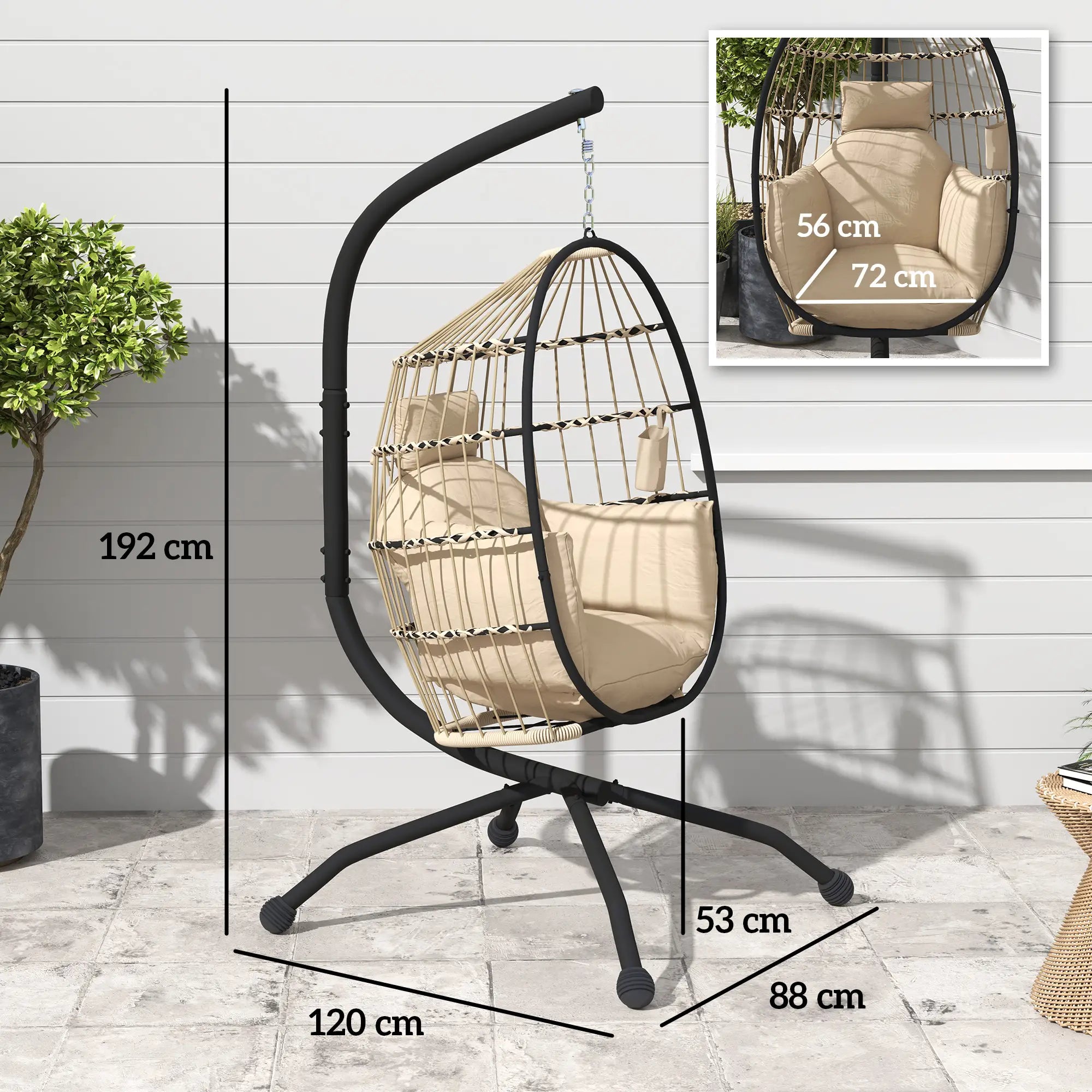 Hanging egg chair with dimensions on a wooden floor