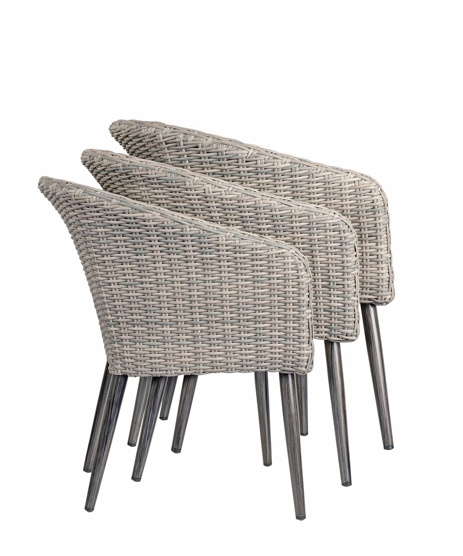 Set of four wicker chairs with dark legs on a white background