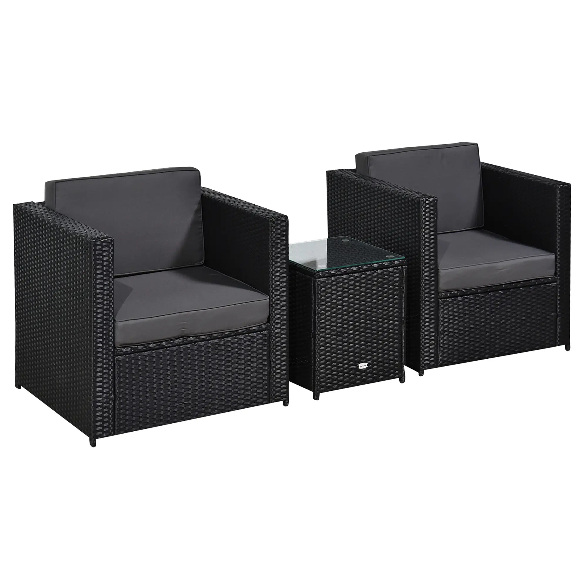 Two black wicker chairs with gray cushions and a matching table on a white background
