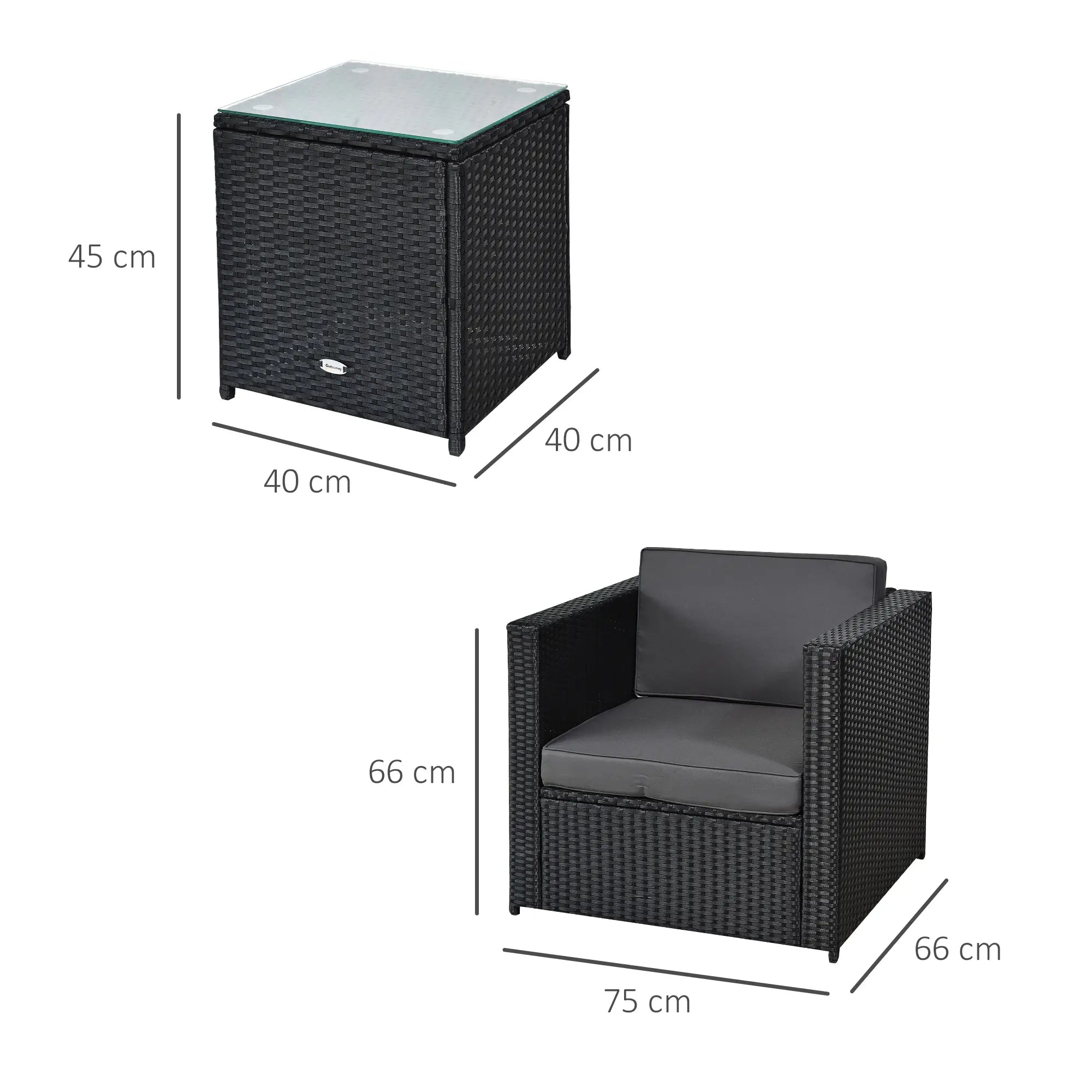 Dimensions of a black outdoor chair and table on a white background