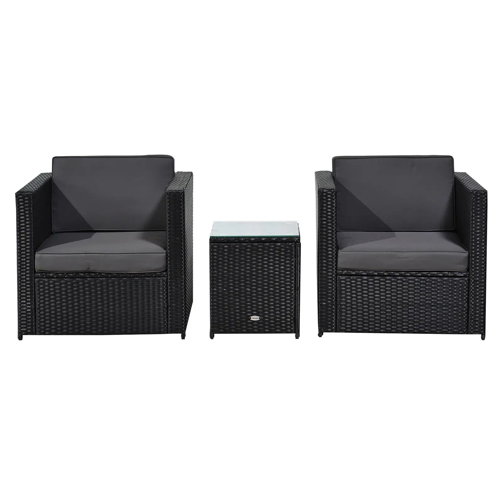Two black wicker chairs with gray cushions and a matching table on a white background