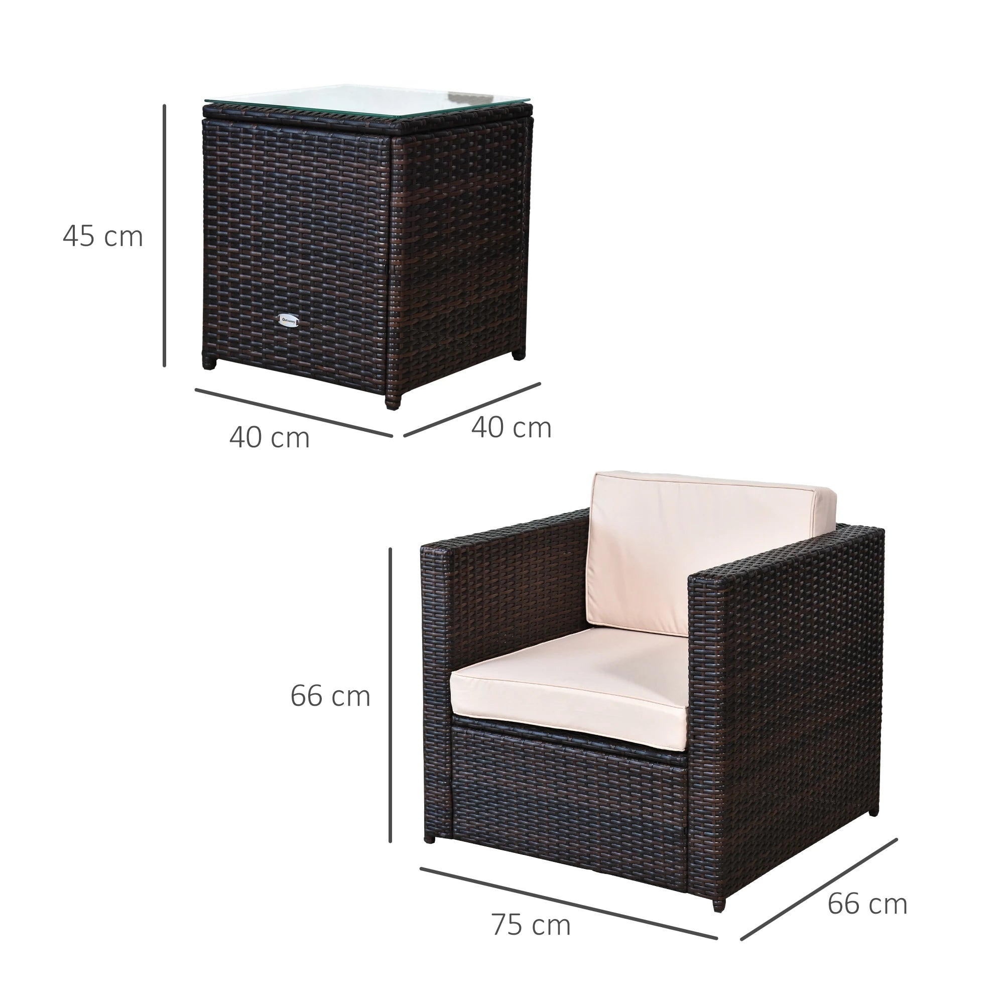 Dimensions of a wicker armchair and side table on a white background