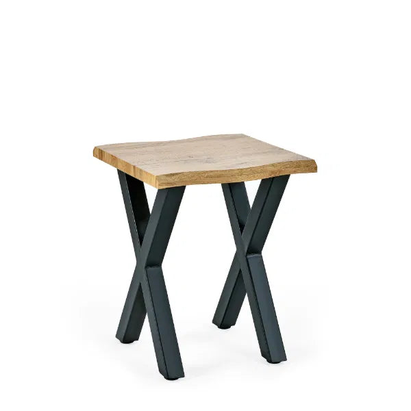 Small square table with wooden top and black metal legs on a white background