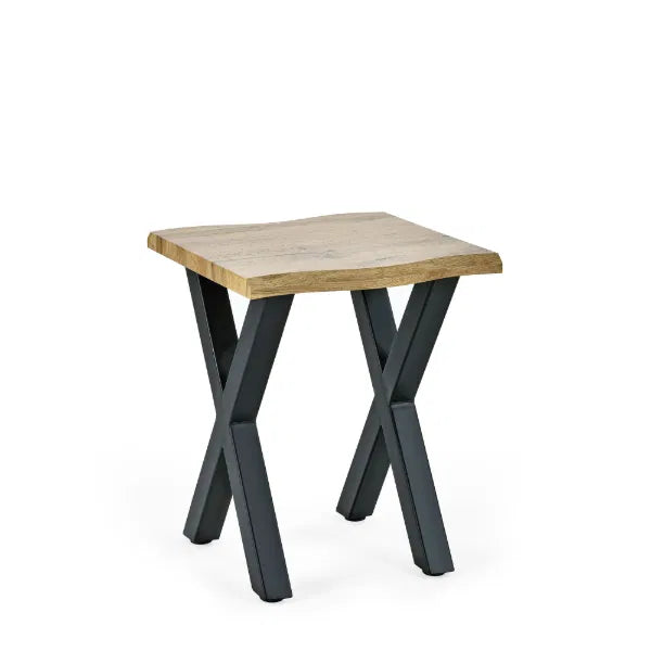 Small wooden table with black metal legs on a white background