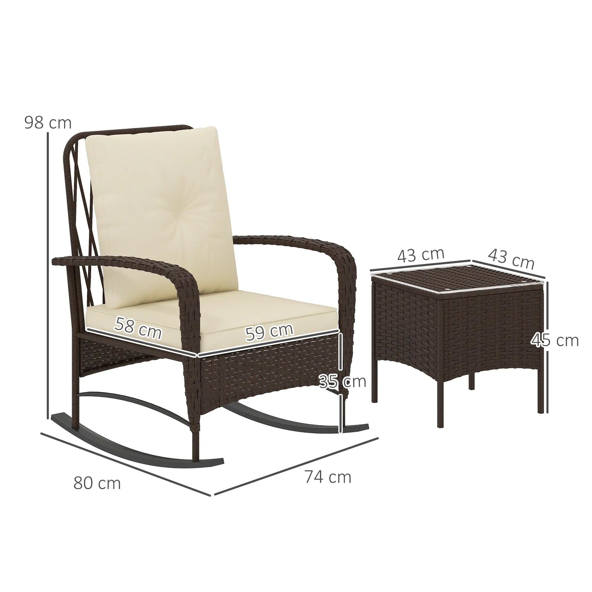 Garden chair and side table with dimensions on a white background