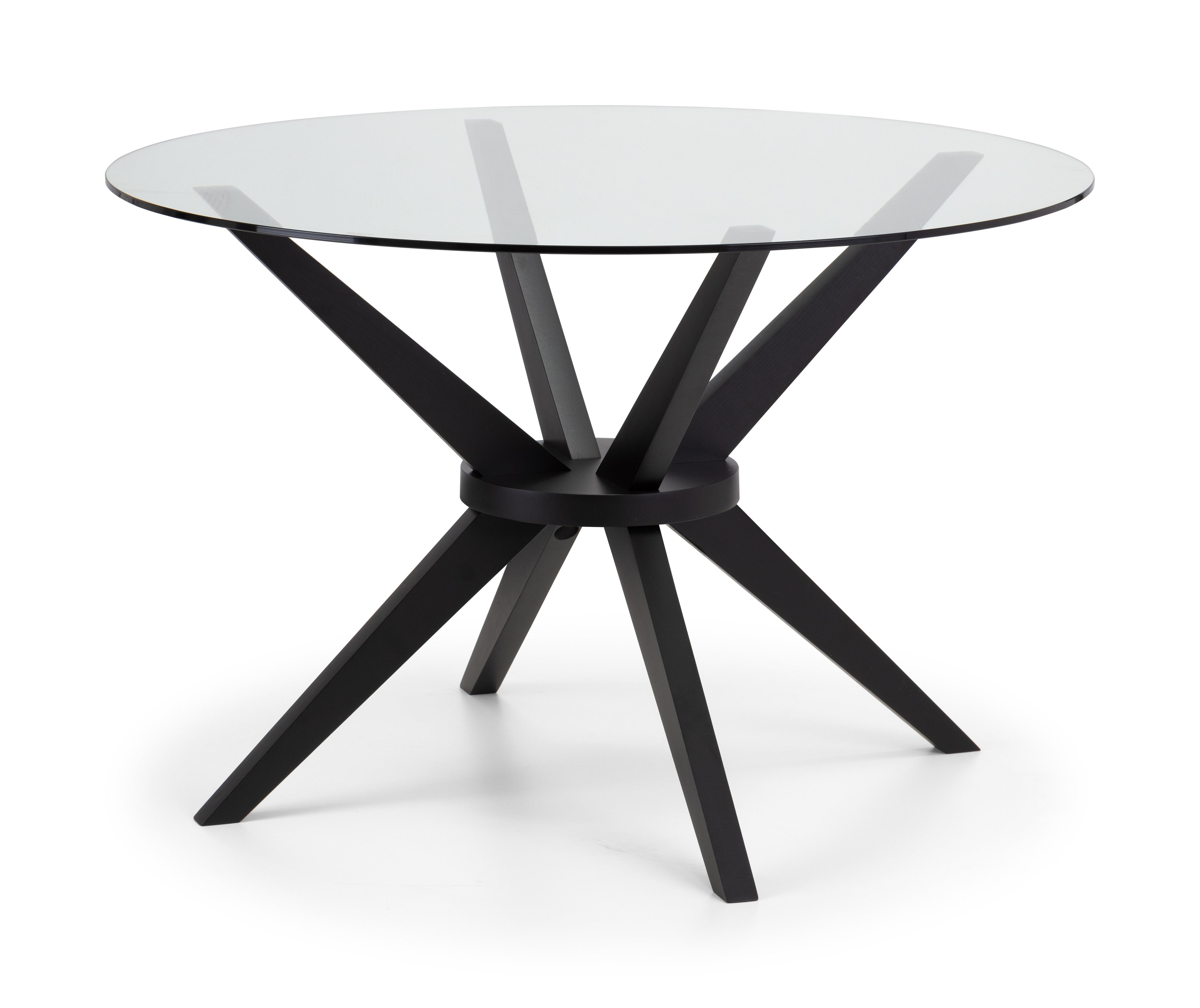Round glass table with black star-shaped base on a white background