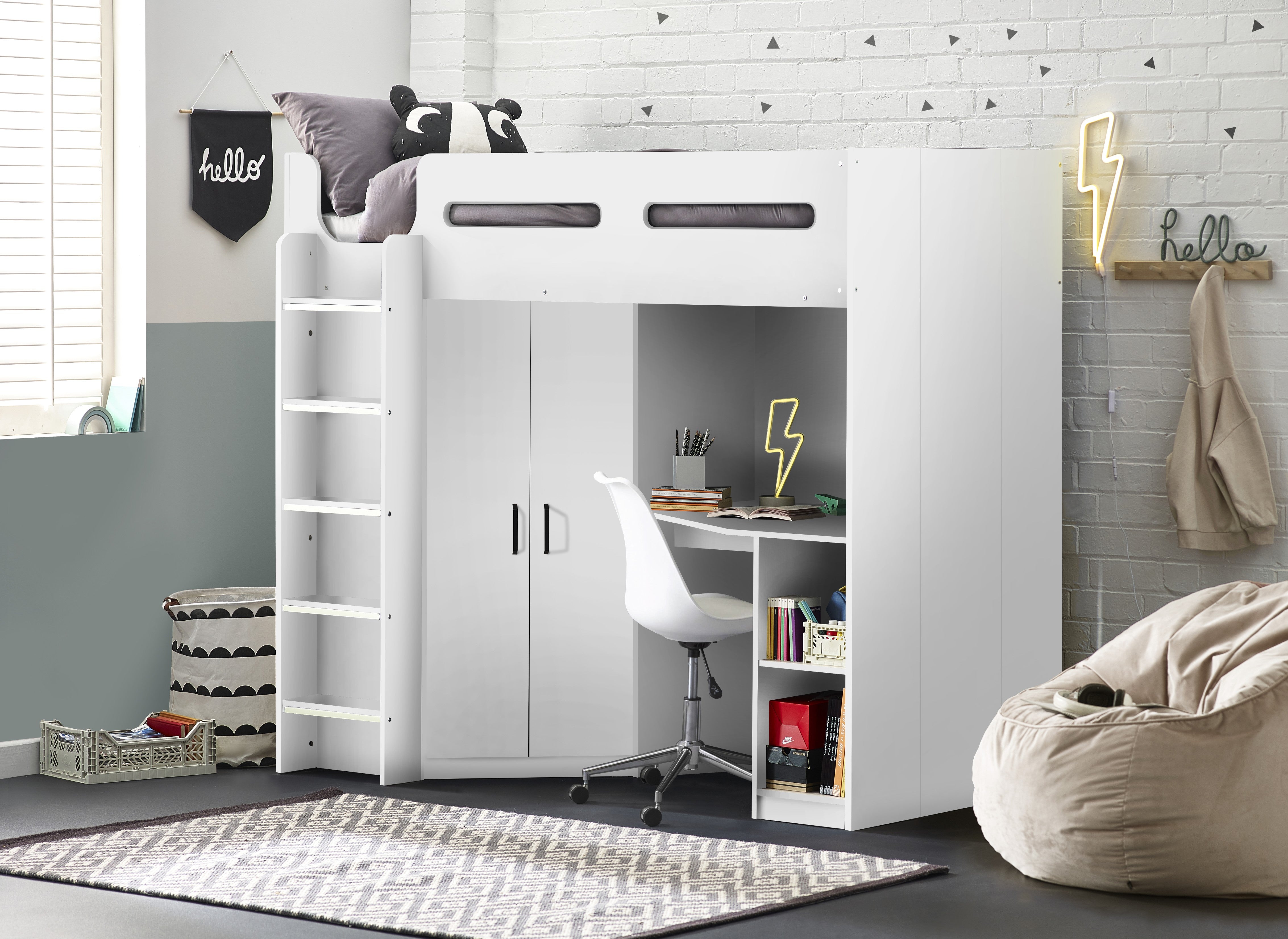 White loft bed with desk and wardrobe in a room with a bean bag chair and rug.
