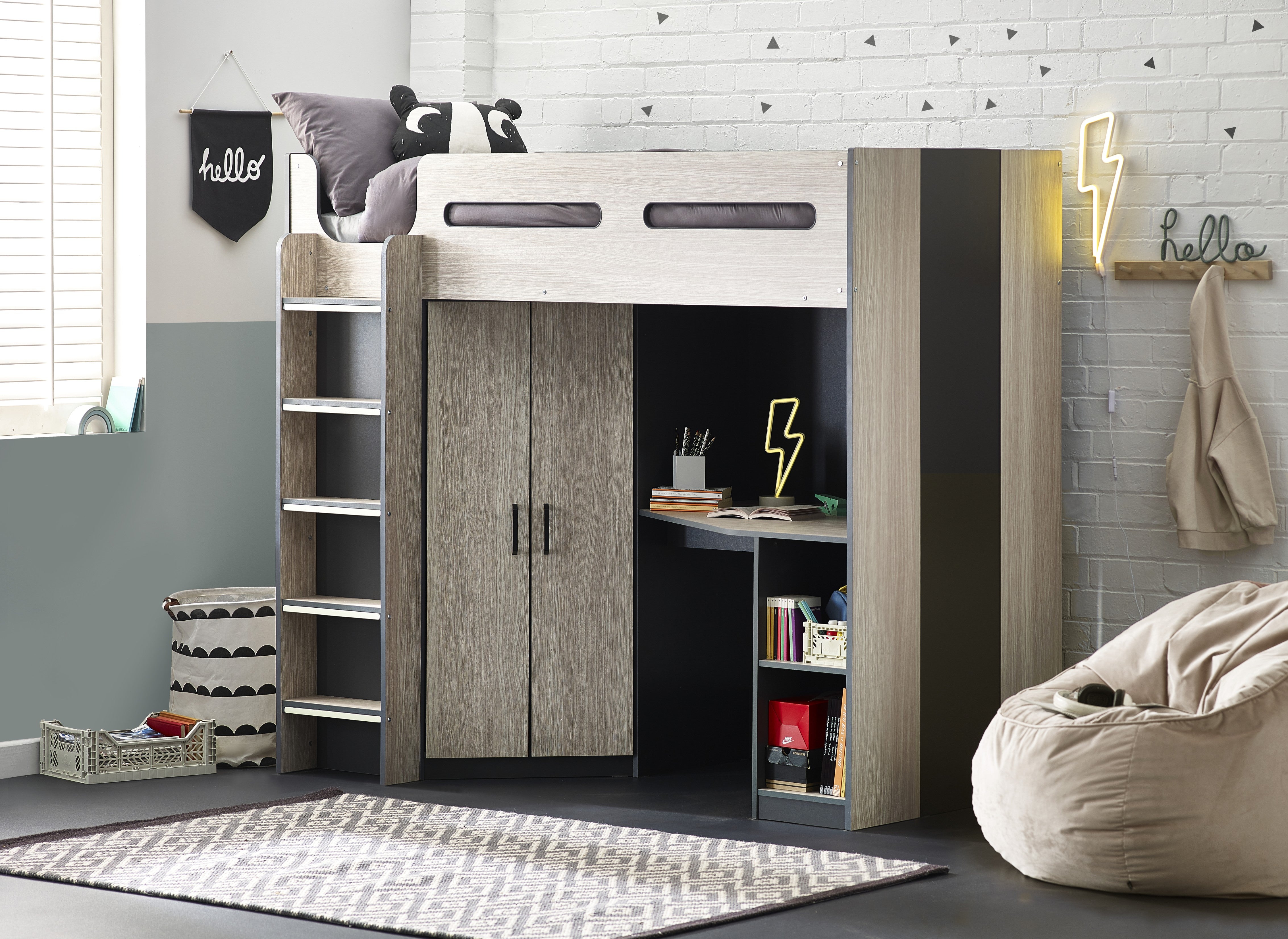 Modern bedroom with a loft bed and storage unit.