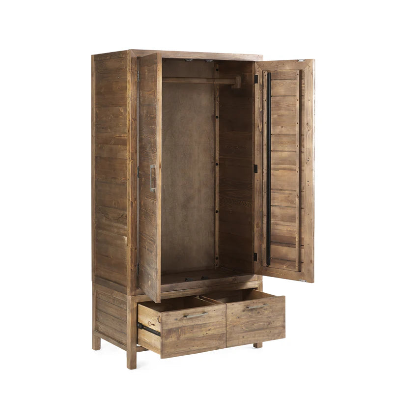 Wooden wardrobe with open doors on a white background