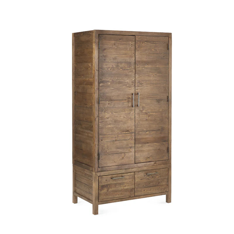 Wooden wardrobe with two doors and two drawers on a white background