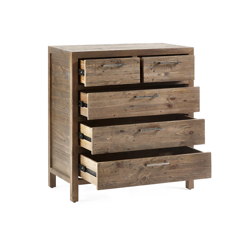 Wooden dresser with four drawers on a white background