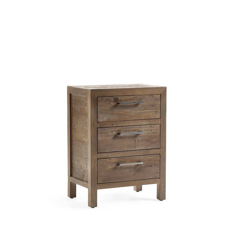 Wooden dresser with three drawers on a white background