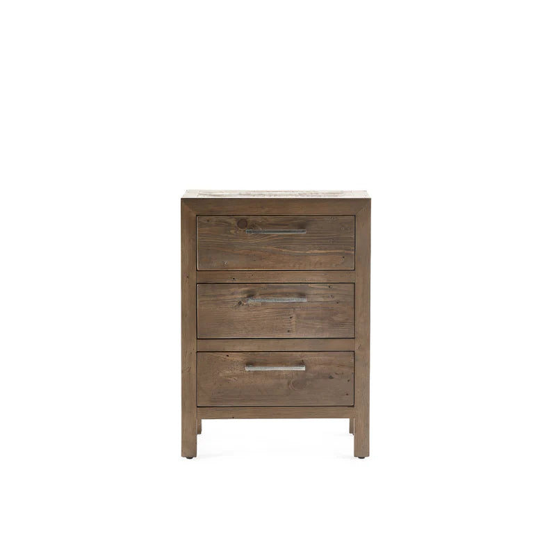 Wooden nightstand with three drawers on a white background