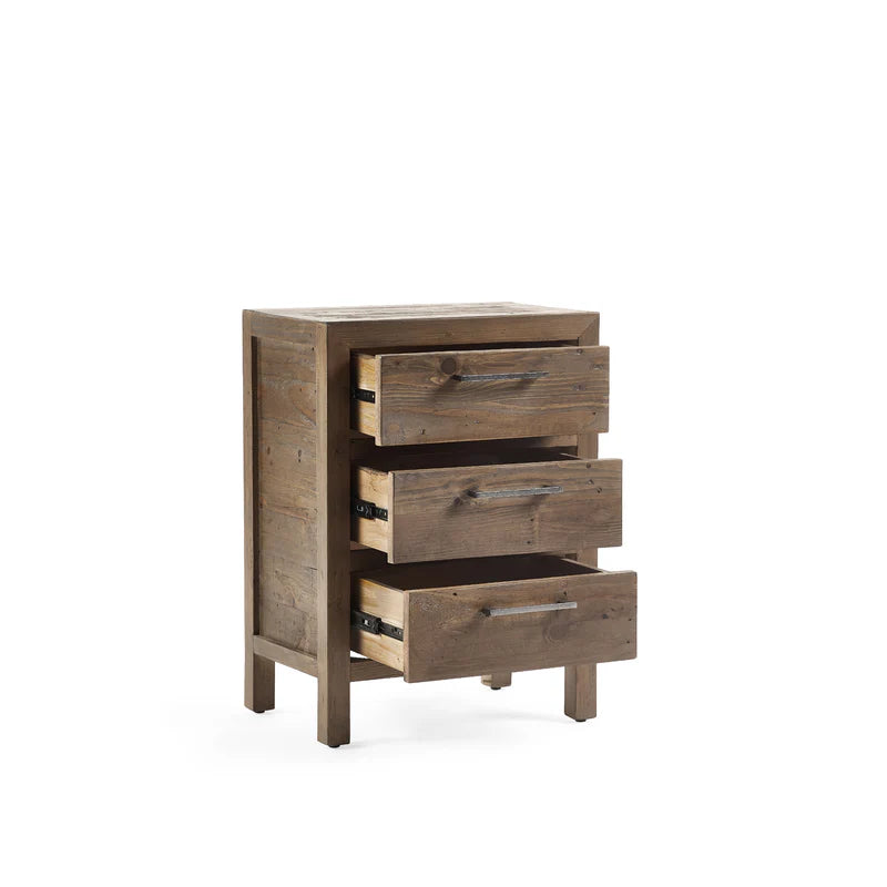 Wooden dresser with three drawers on a white background
