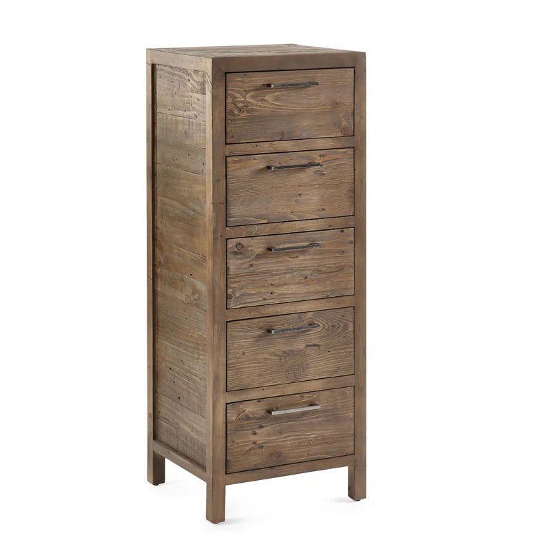 Wooden dresser with five drawers on a white background